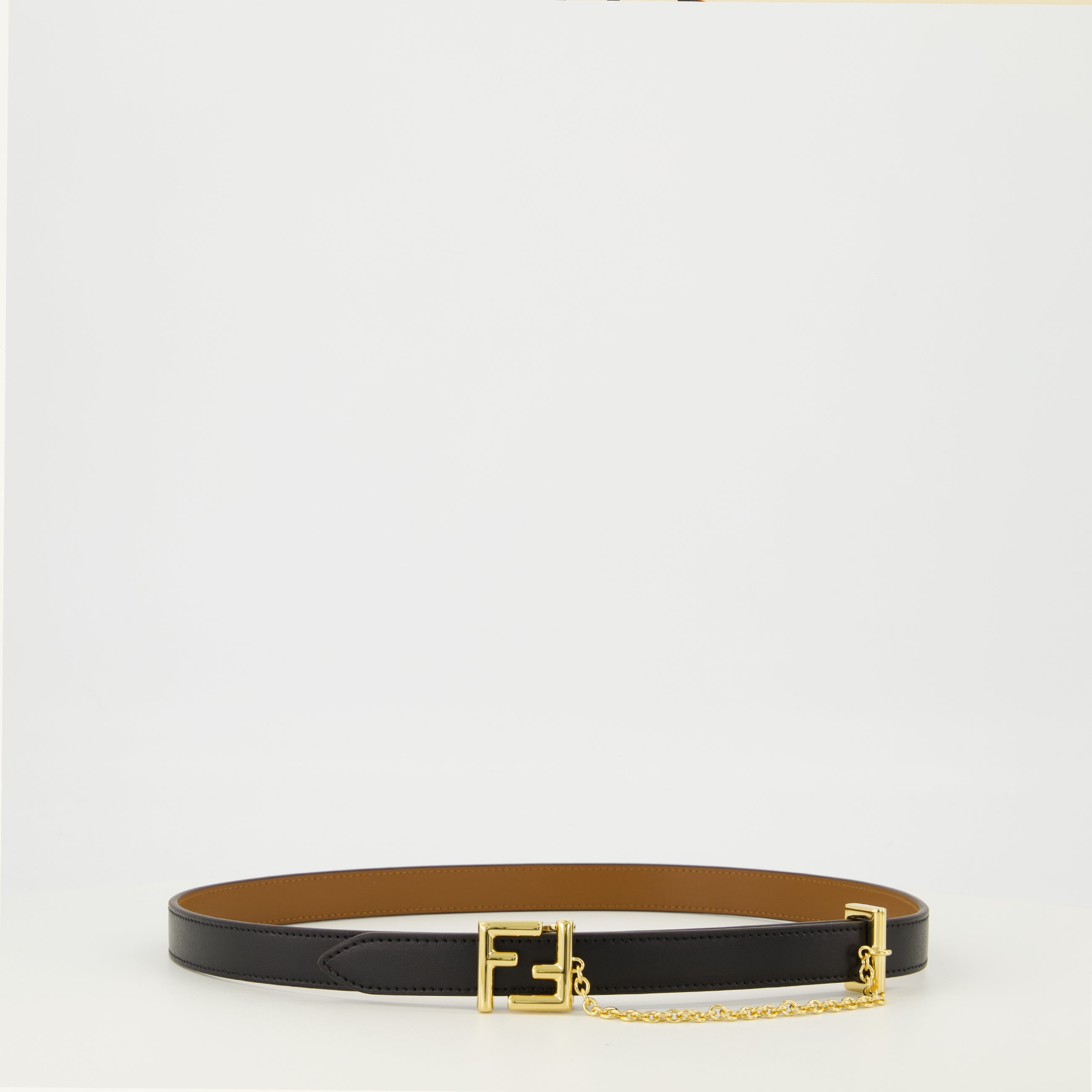 Fendi Black Baguette Leather $ Fabric Belt with Gold Fendi Logo Buckle FF Belt - Black | FENDI US main image 2