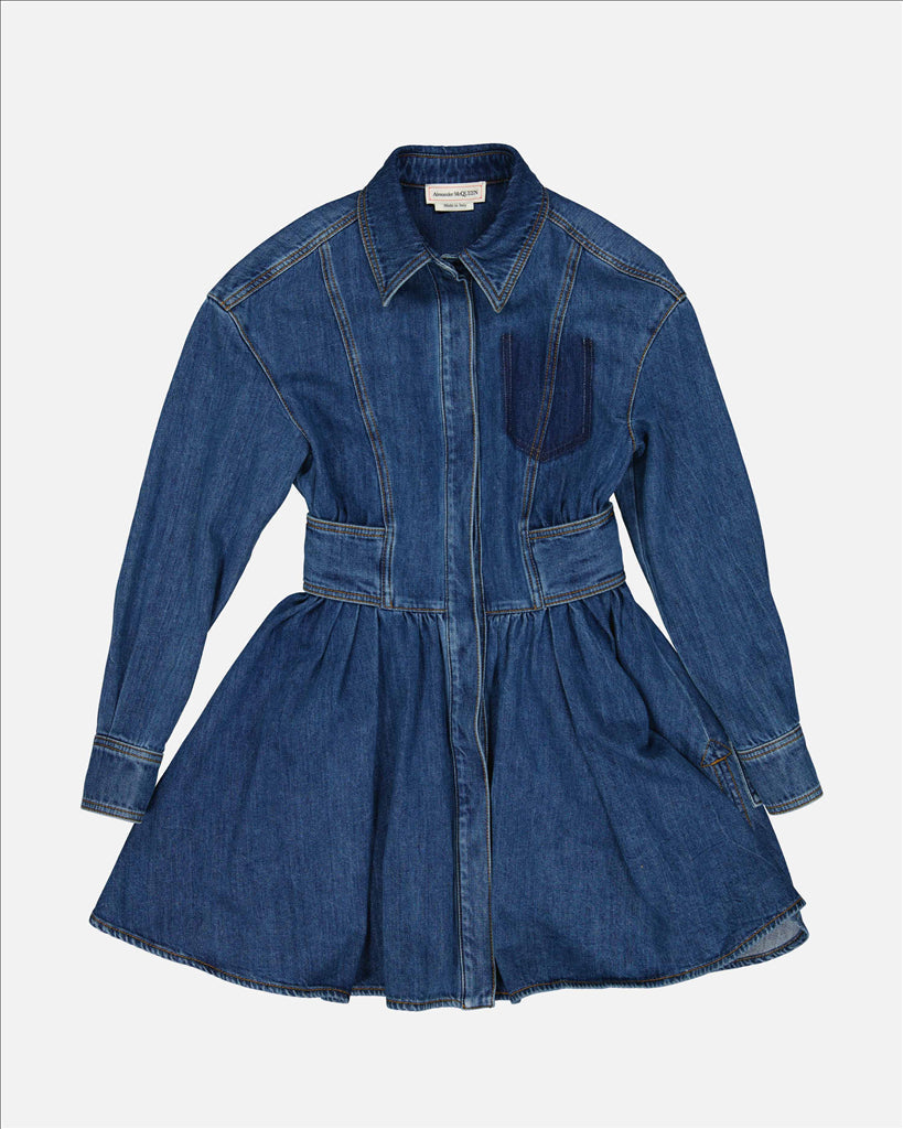 Blue Denim Fit and Flare Dress - Alexander McQueen - Women | WE IN STYLE Blue Denim Fit and Flare Dress - Alexander McQueen - Women | WE IN STYLE