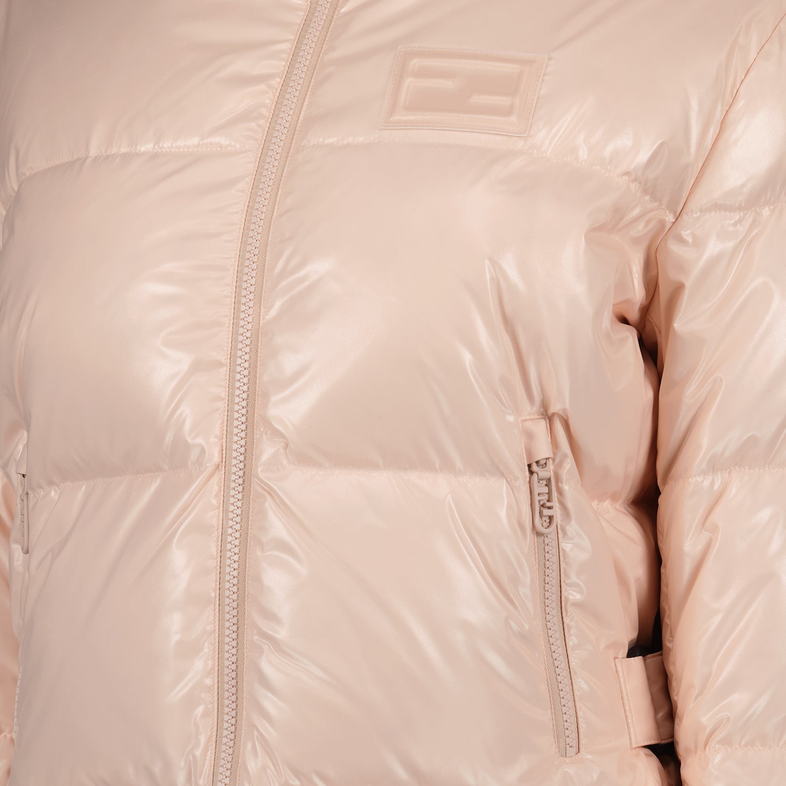 Fendi down jacket, women's luxury fashion, pink pocket jacket, high-end winter wear, designer outerwear