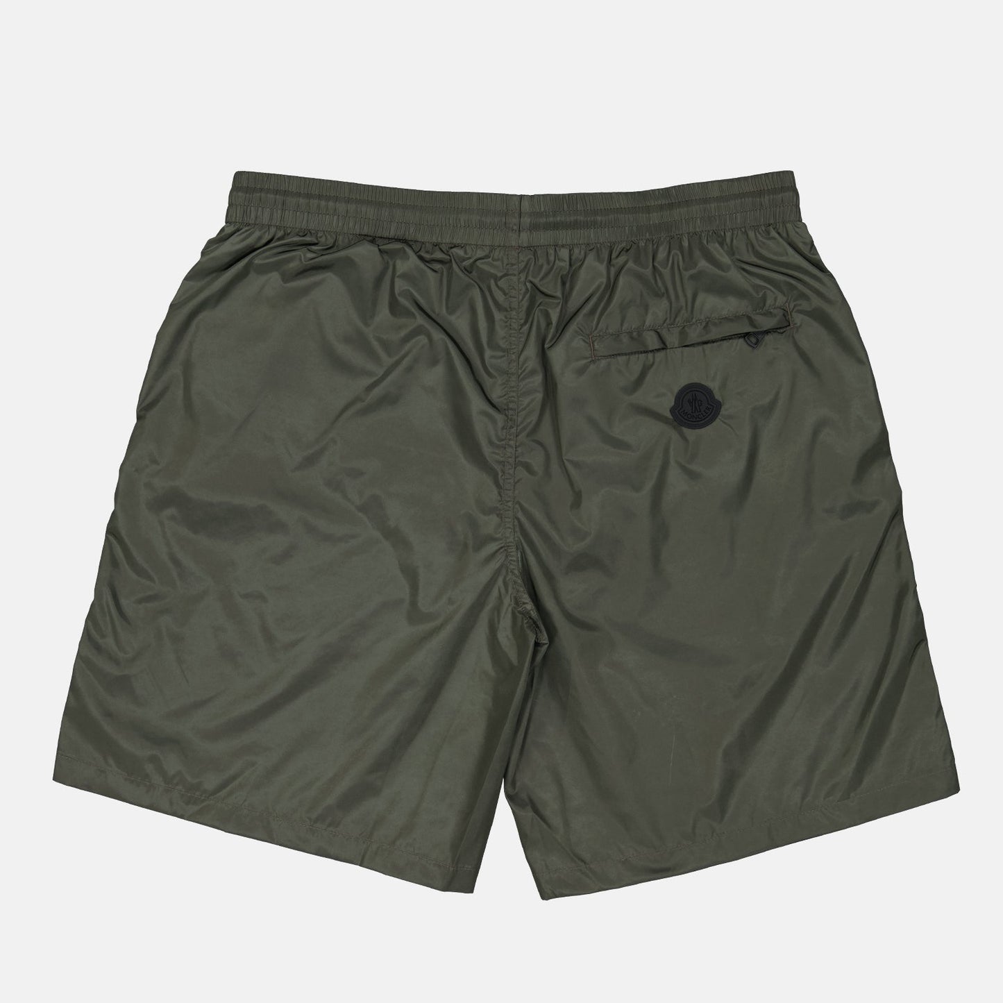 Moncler swim shorts, luxury men's swimwear, khaki swim shorts, logo swim shorts, Moncler beachwear