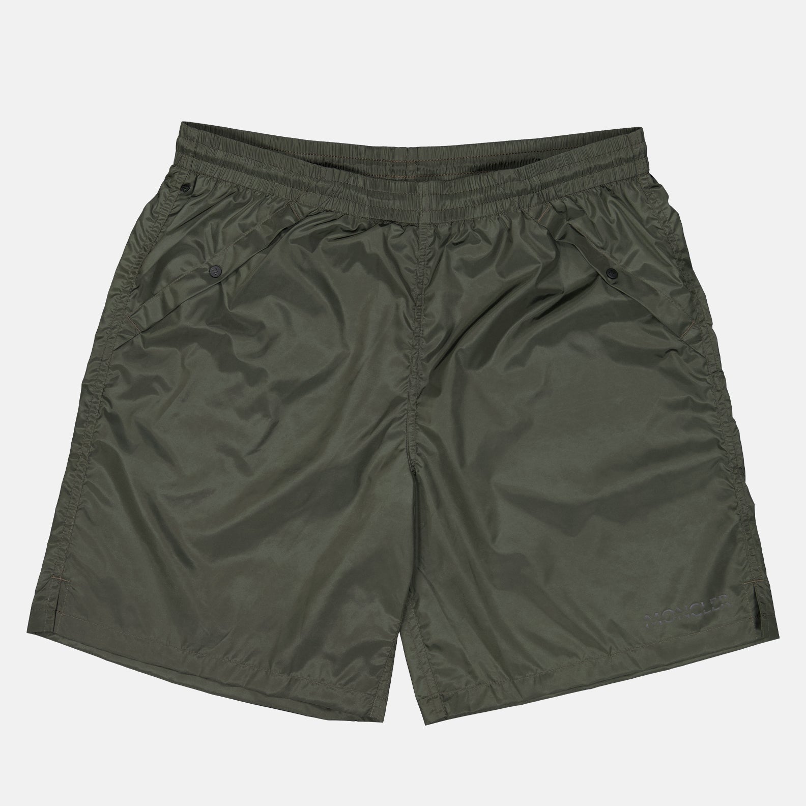 Moncler swim shorts, luxury men's swimwear, khaki swim shorts, logo swim shorts, Moncler beachwear