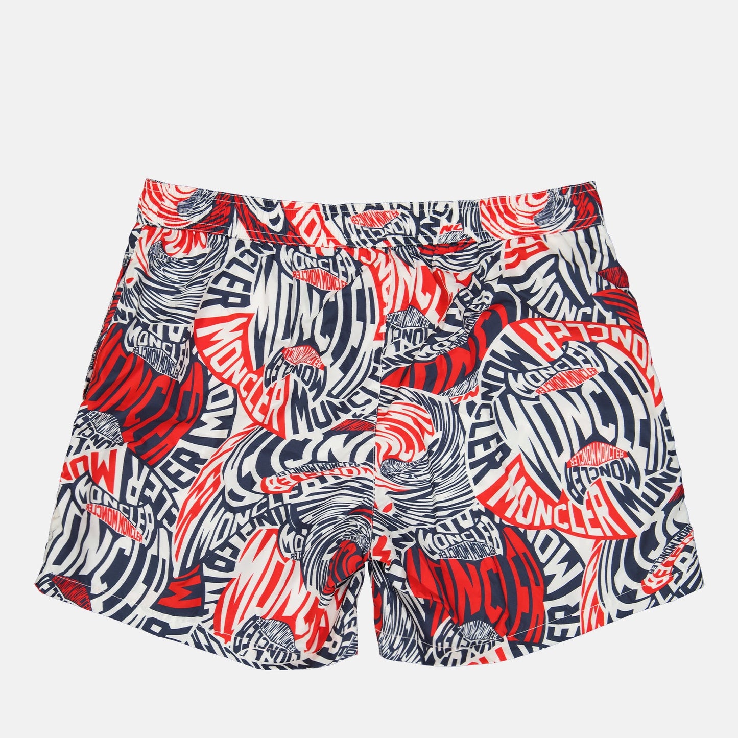 Moncler swim shorts, red-blue swim shorts, luxury men's swimwear, branded swim shorts, designer beachwear