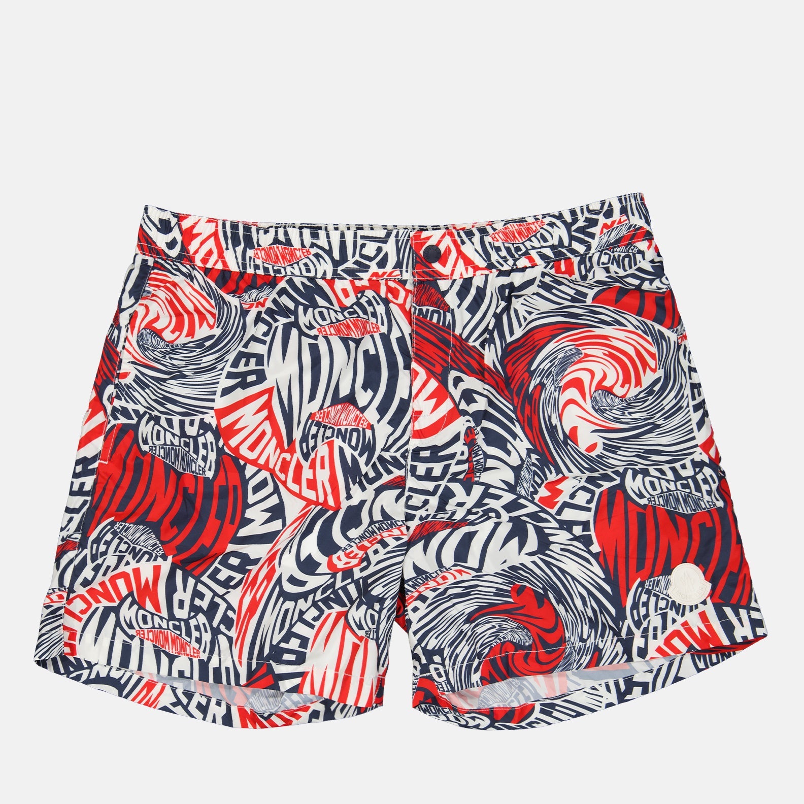 Moncler swim shorts, red-blue swim shorts, luxury men's swimwear, branded swim shorts, designer beachwear