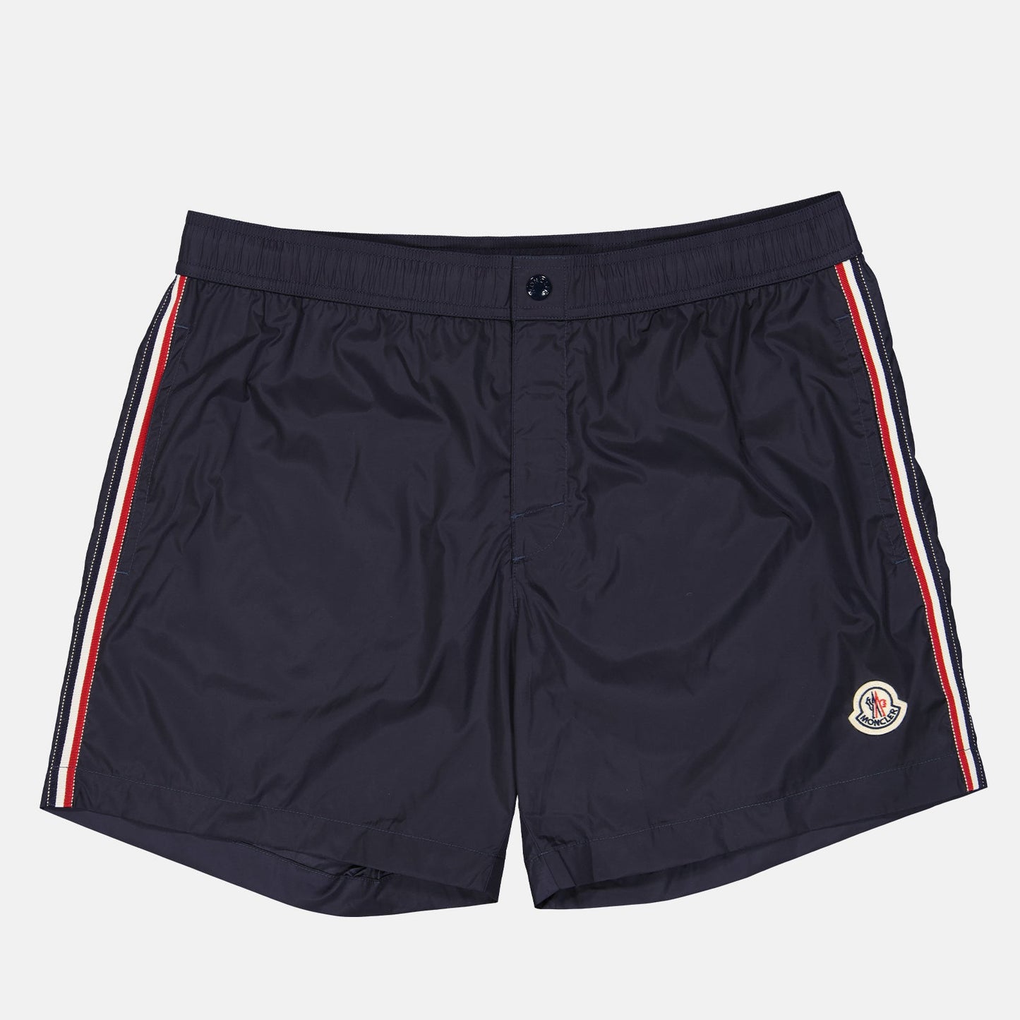 Moncler swim trunks, luxury men's swimwear, blue swim trunks, Moncler Liseré, designer swim trunks