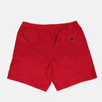 Prada swim trunks, men's luxury swimwear, red swim trunks, high-end beachwear, luxury swim trunks