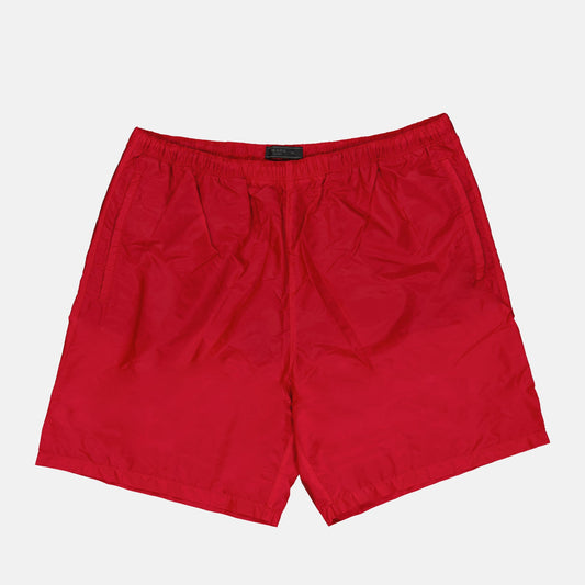 Prada swim trunks, men's luxury swimwear, red swim trunks, high-end beachwear, luxury swim trunks