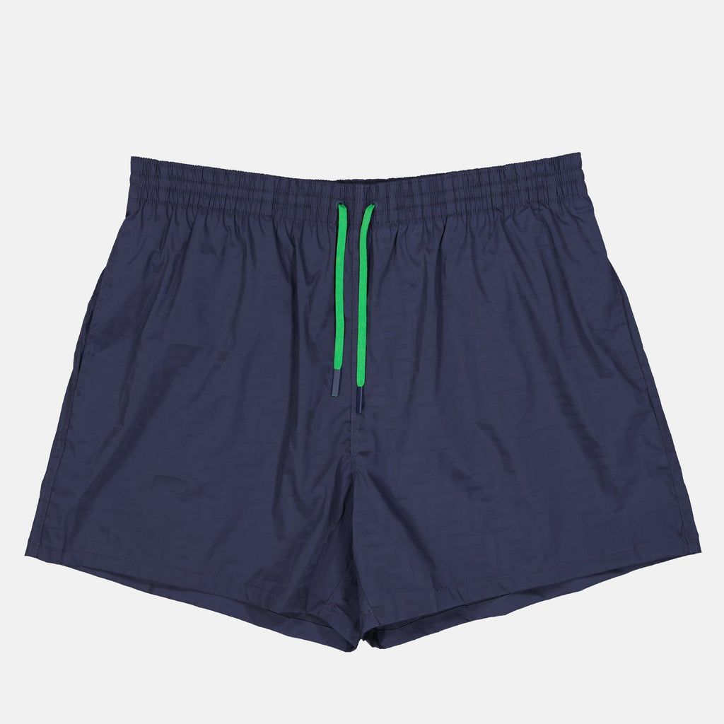 Fendi swim shorts, monogram swimwear, luxury swim shorts, designer beachwear, FF pattern shorts