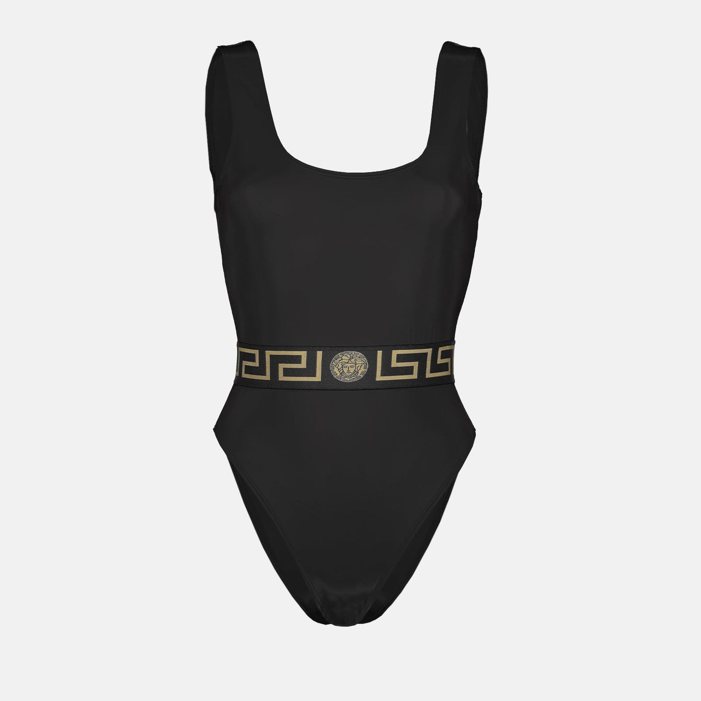 Versace swimsuit, luxury swimwear, women's black swimsuit, Greca pattern swimwear, designer swimwear