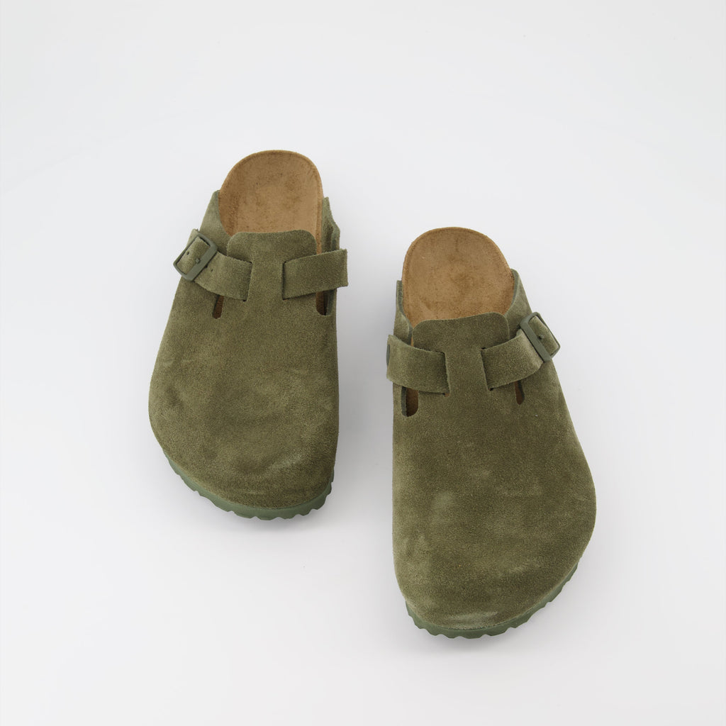 Birkenstock clogs, Boston clogs, adjustable shoes, velour footwear, comfort slip-ons