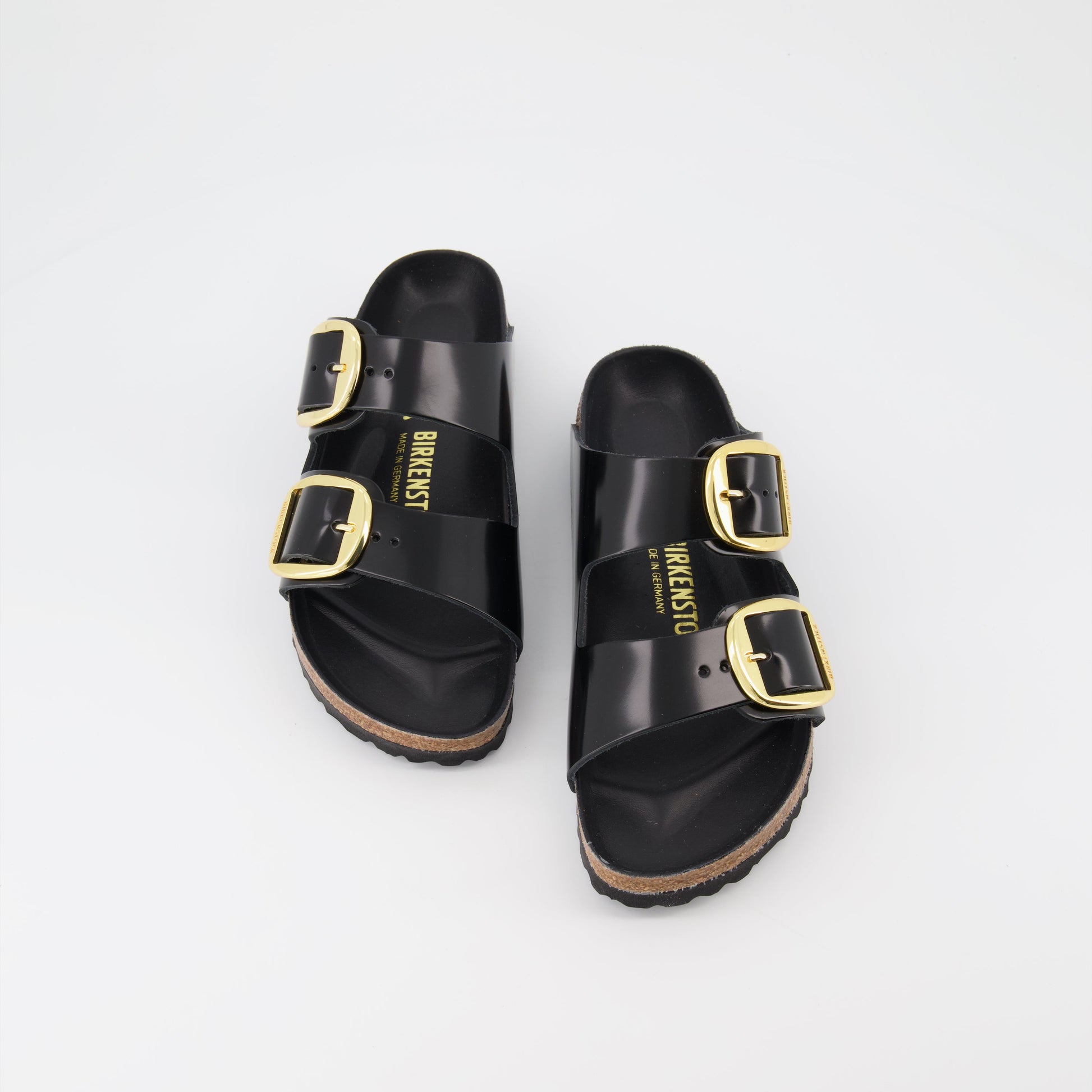 Birkenstock sandals, glossy leather sandals, Arizona Big Buckle, luxury footwear, stylish comfort