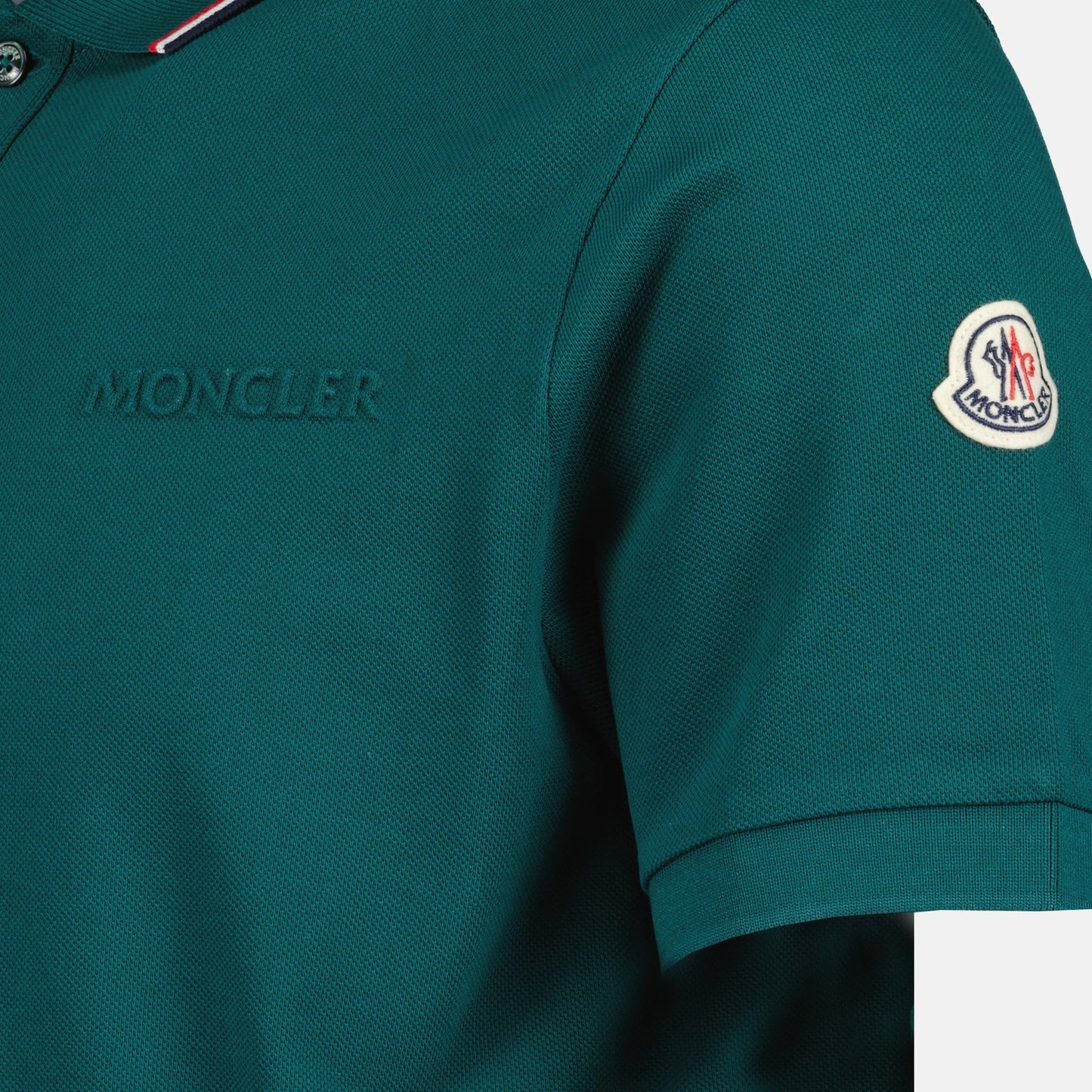 Moncler, green polo shirt, men's luxury polo, logo trim polo, designer menswear