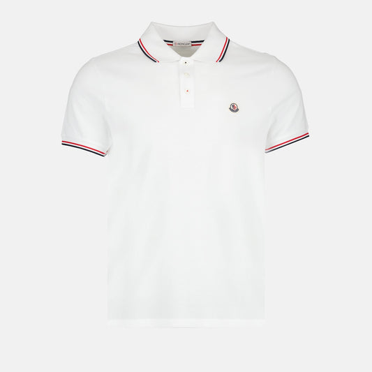 Moncler polo, luxury men's polo, designer white polo, embroidered logo shirt, elegant men's wear