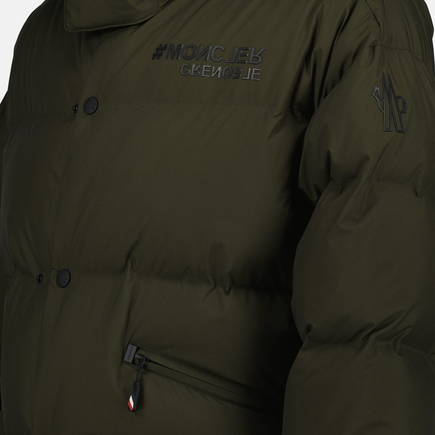 Coraia Down Jacket, Moncler Grenoble, Green Khaki Jacket, Luxury Winter Wear, High-Performance Jacket