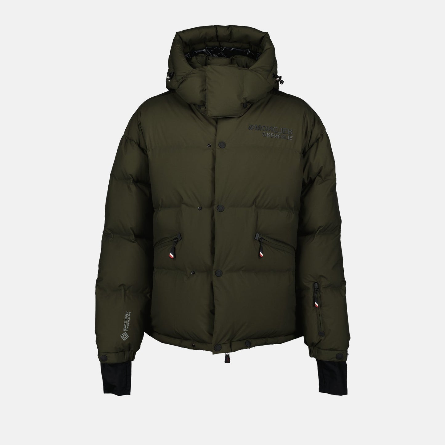 Coraia Down Jacket, Moncler Grenoble, Green Khaki Jacket, Luxury Winter Wear, High-Performance Jacket