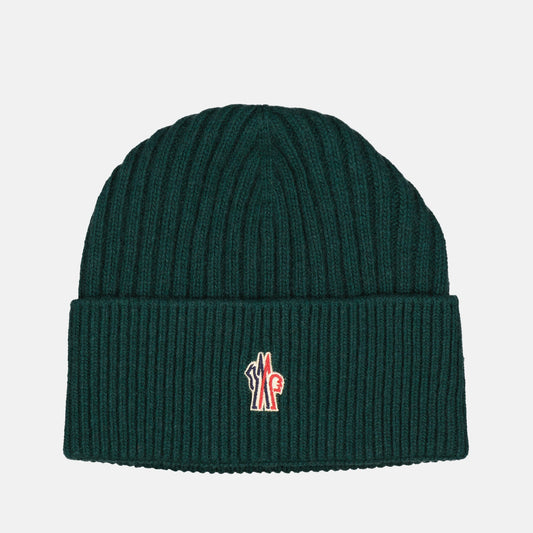 Moncler beanie, green logo beanie, luxury winter accessories, Moncler Grenoble, designer beanie