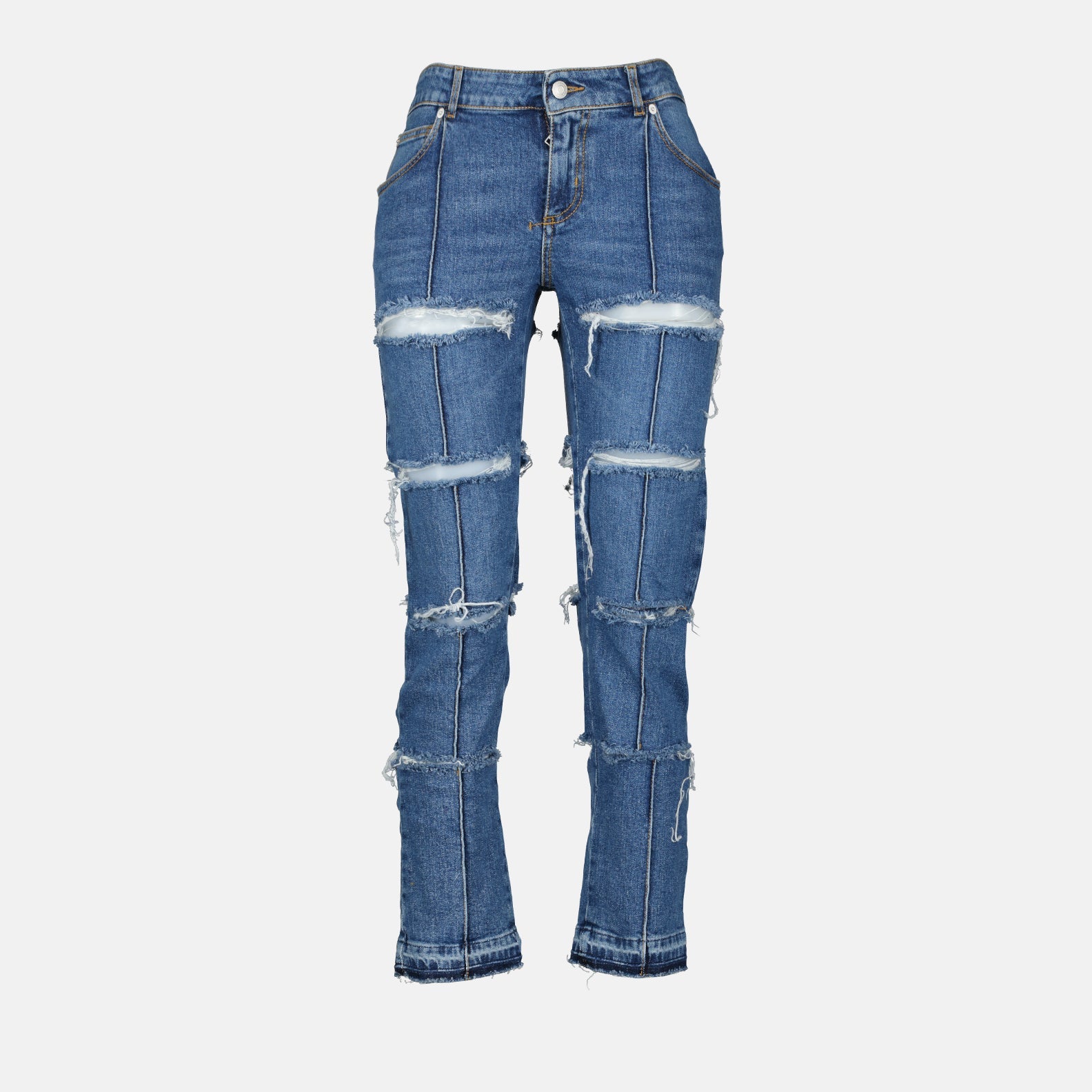 Alexander McQueen jeans, destroyed jeans, luxury denim, women's designer jeans, distressed denim