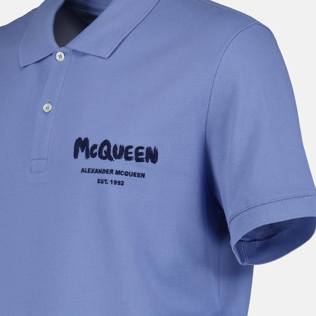 Graffiti print, Alexander McQueen polo, luxury fashion, blue polo shirt, high-end wardrobe