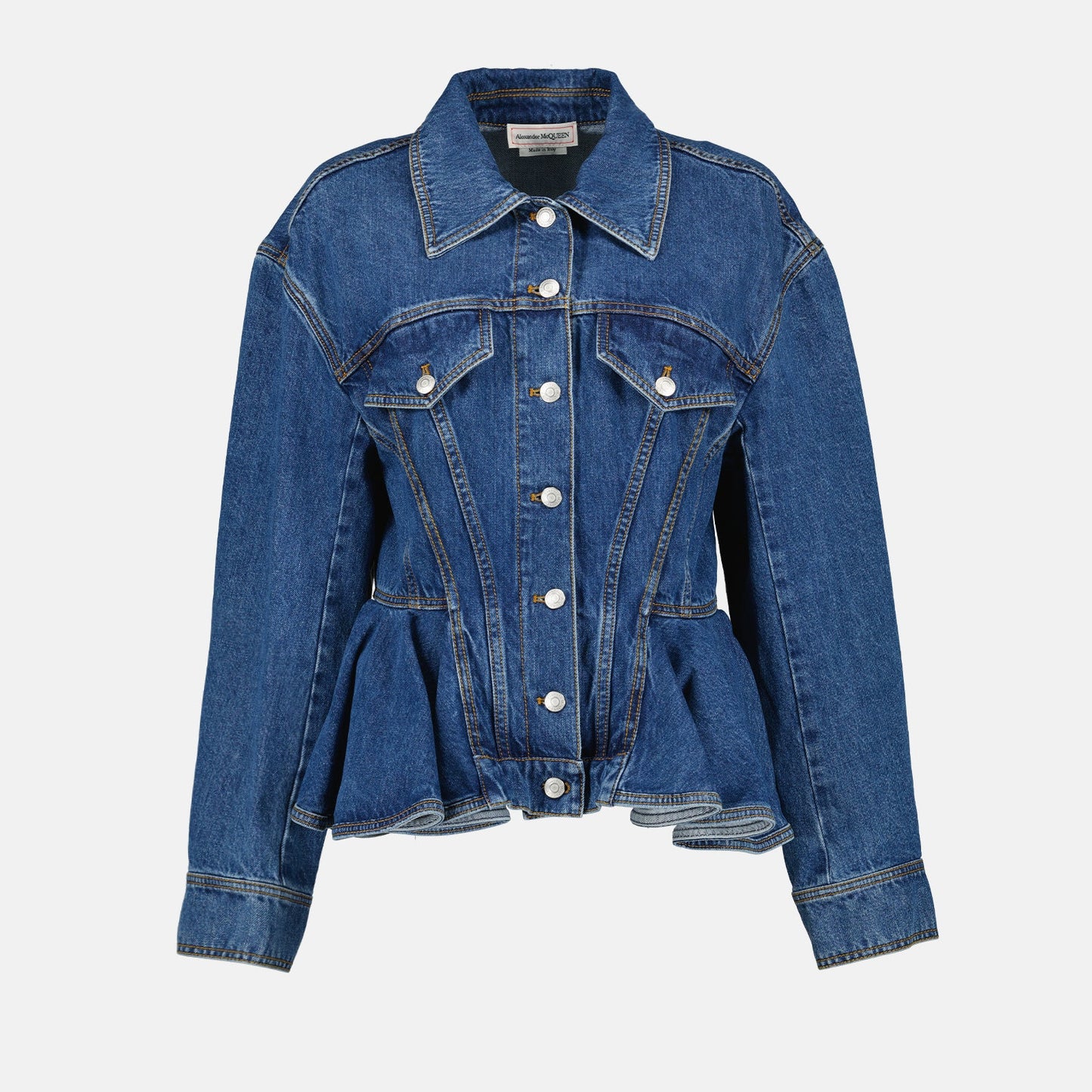 Alexander McQueen, Peplum Denim Jacket, Luxury Fashion, Women's Designer Jacket, High-End Denim