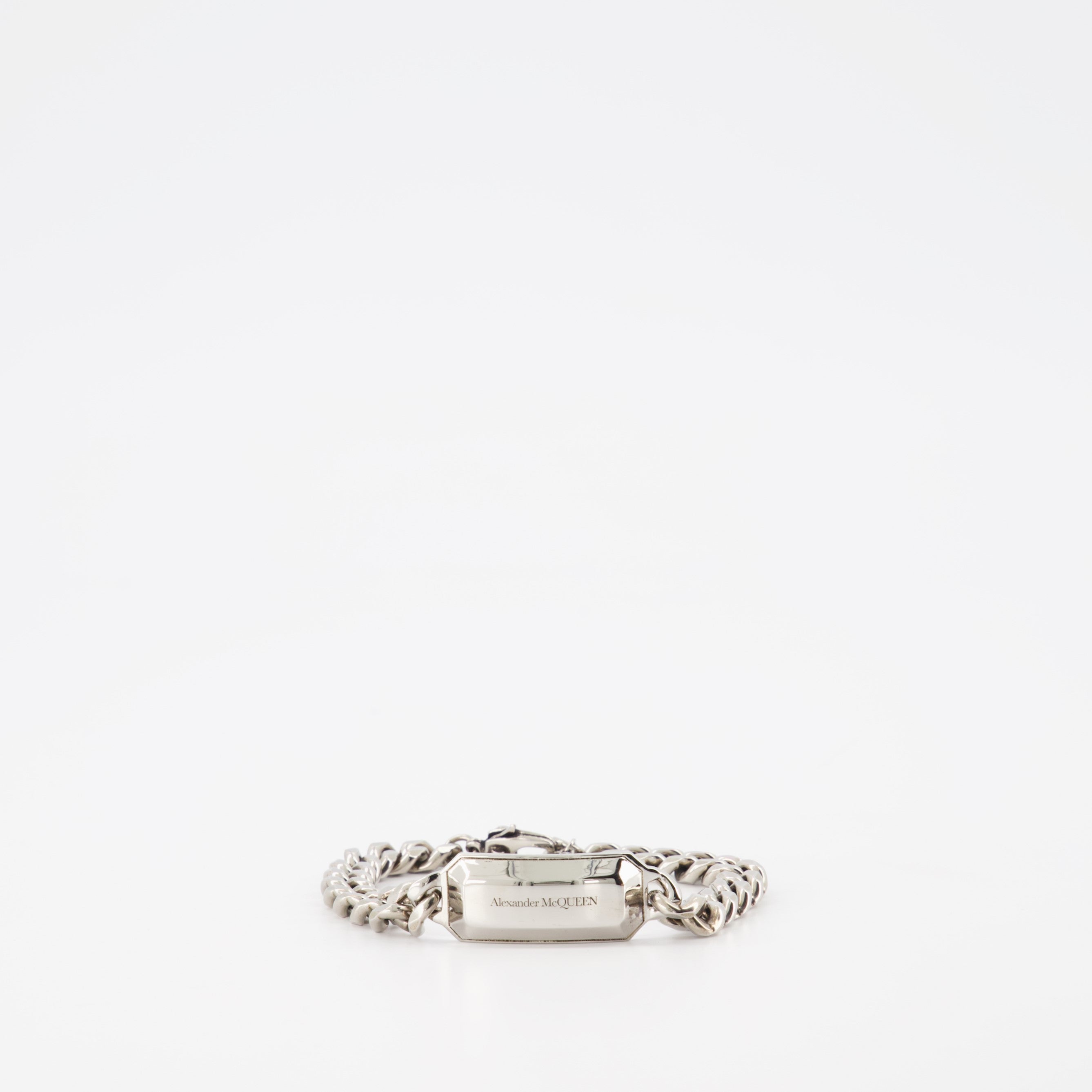 Alexander McQueen bracelet, engraved gourmette bracelet, luxury men's accessory, designer bracelet, polished metal bracelet