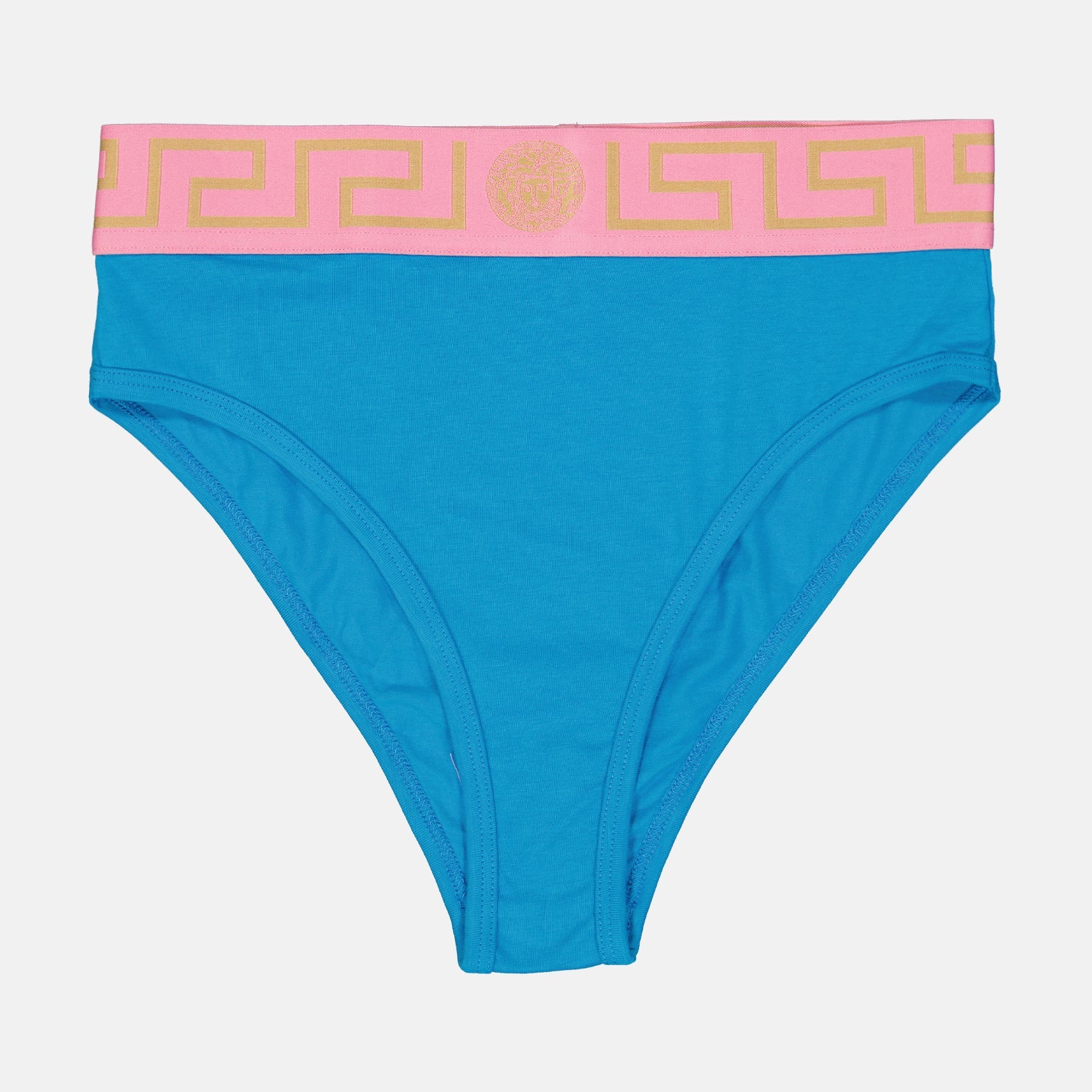 Versace lingerie, Greca briefs, high-cut briefs, luxury women's underwear, blue lingerie