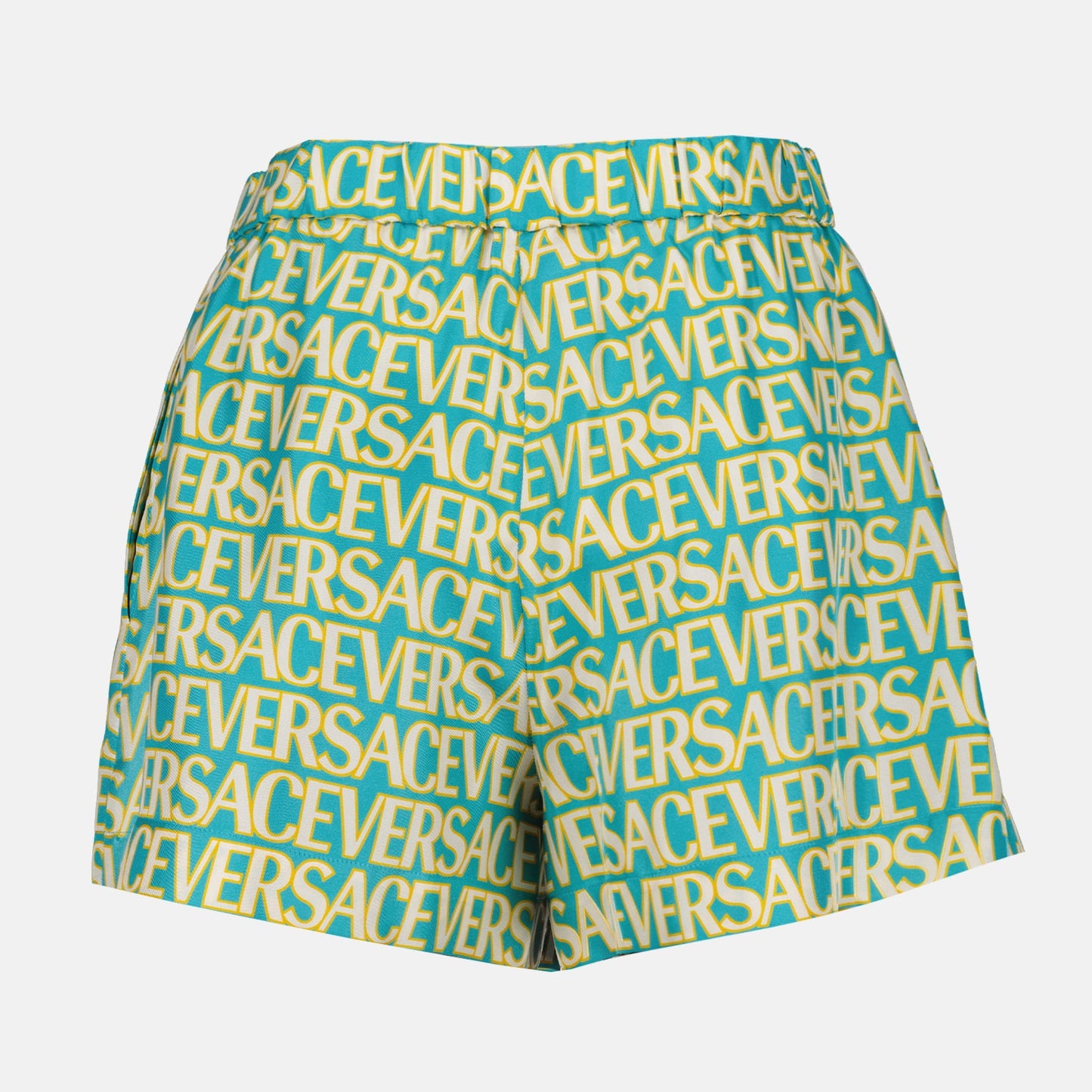 Versace swim shorts, luxury swimwear, blue swim shorts, women's designer swimwear, Versace Allover pattern