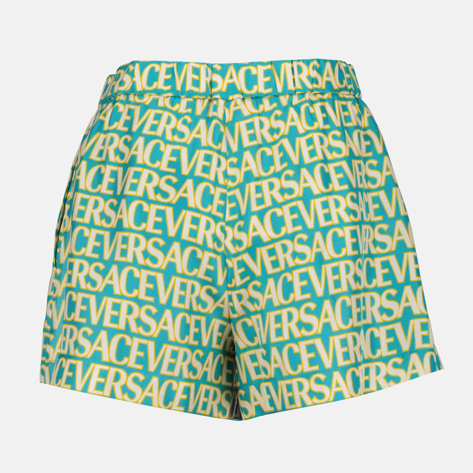 Versace swim shorts, luxury swimwear, blue swim shorts, women's designer swimwear, Versace Allover pattern