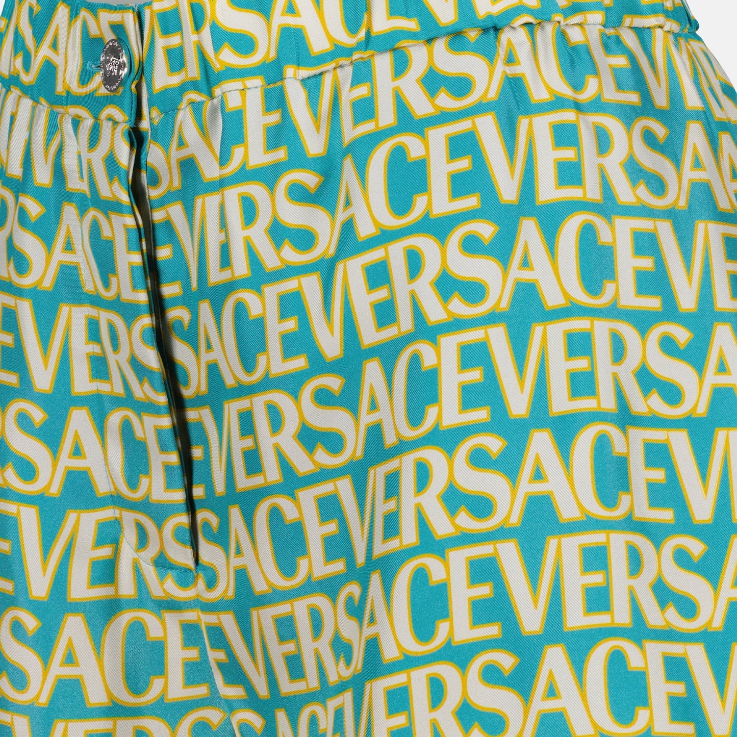 Versace swim shorts, luxury swimwear, blue swim shorts, women's designer swimwear, Versace Allover pattern