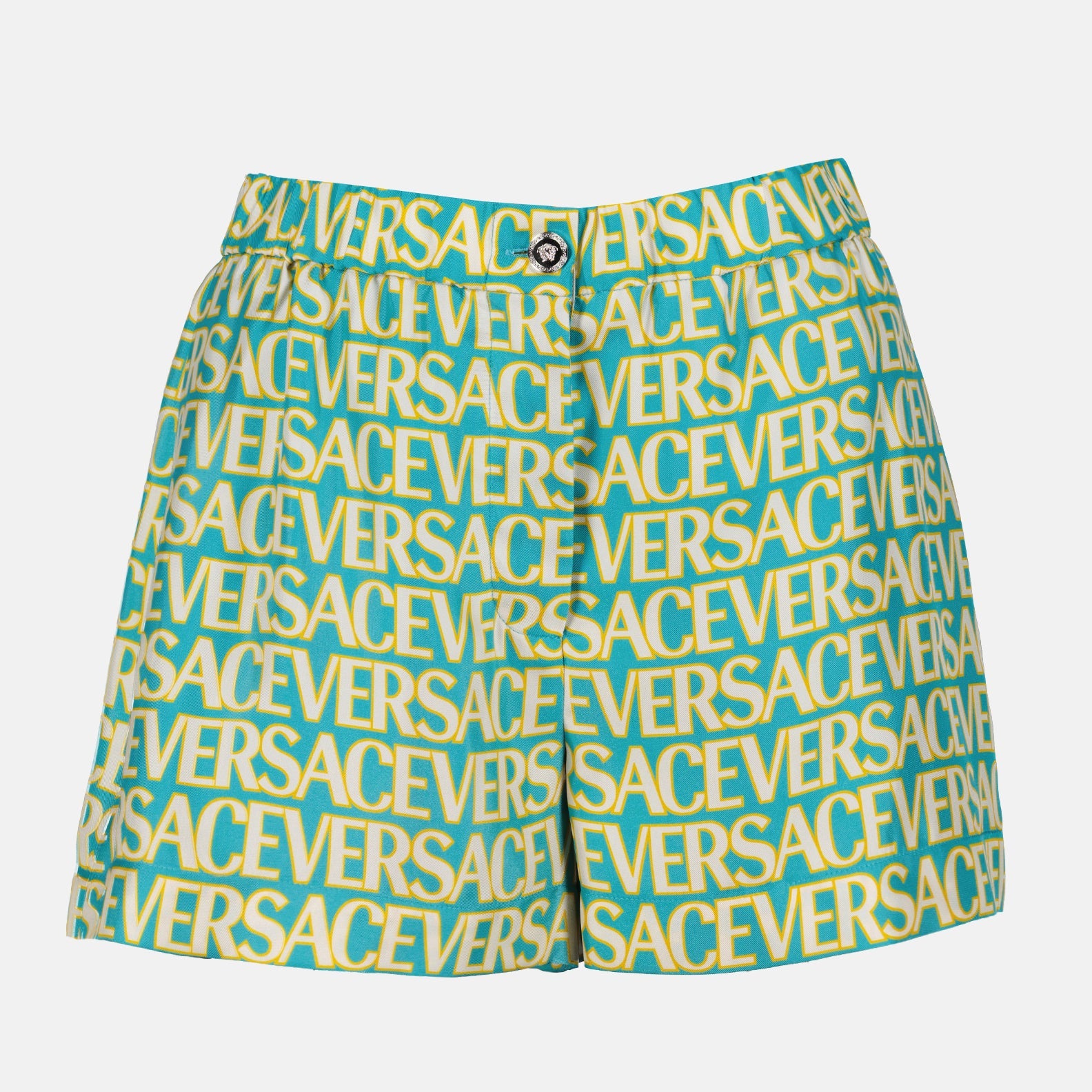 Versace swim shorts, luxury swimwear, blue swim shorts, women's designer swimwear, Versace Allover pattern