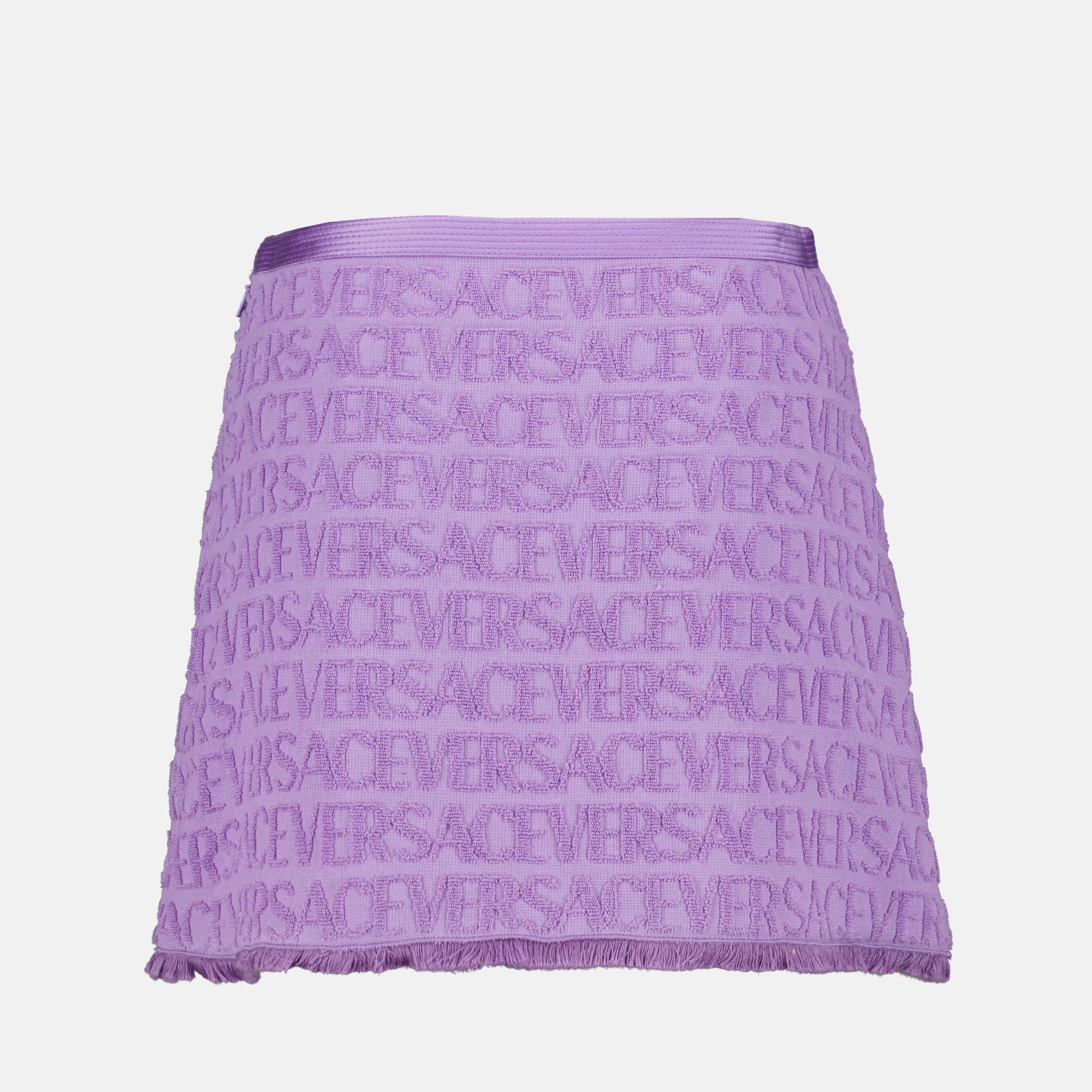 Versace mini skirt, luxury women's fashion, violet designer skirt, high-end women's wear, Versace allover pattern