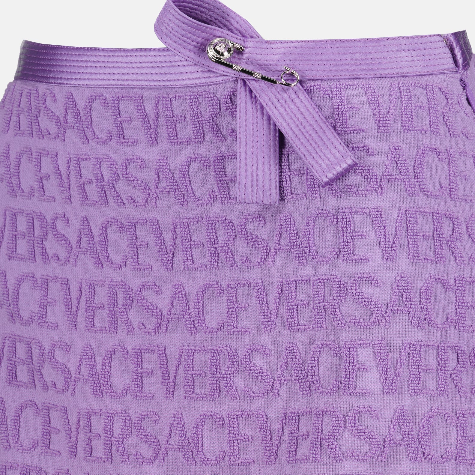 Versace mini skirt, luxury women's fashion, violet designer skirt, high-end women's wear, Versace allover pattern