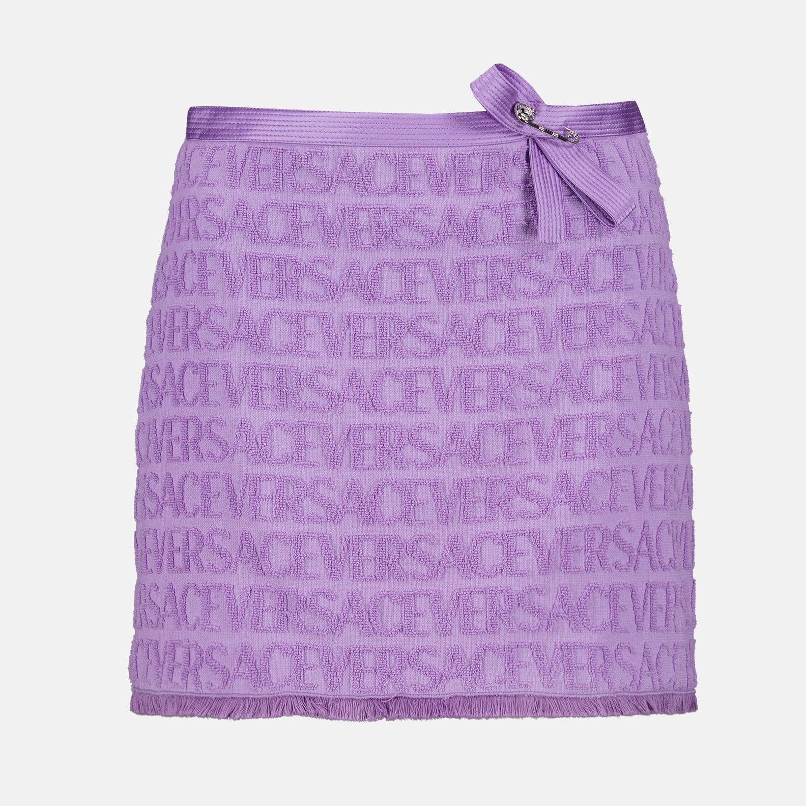 Versace mini skirt, luxury women's fashion, violet designer skirt, high-end women's wear, Versace allover pattern