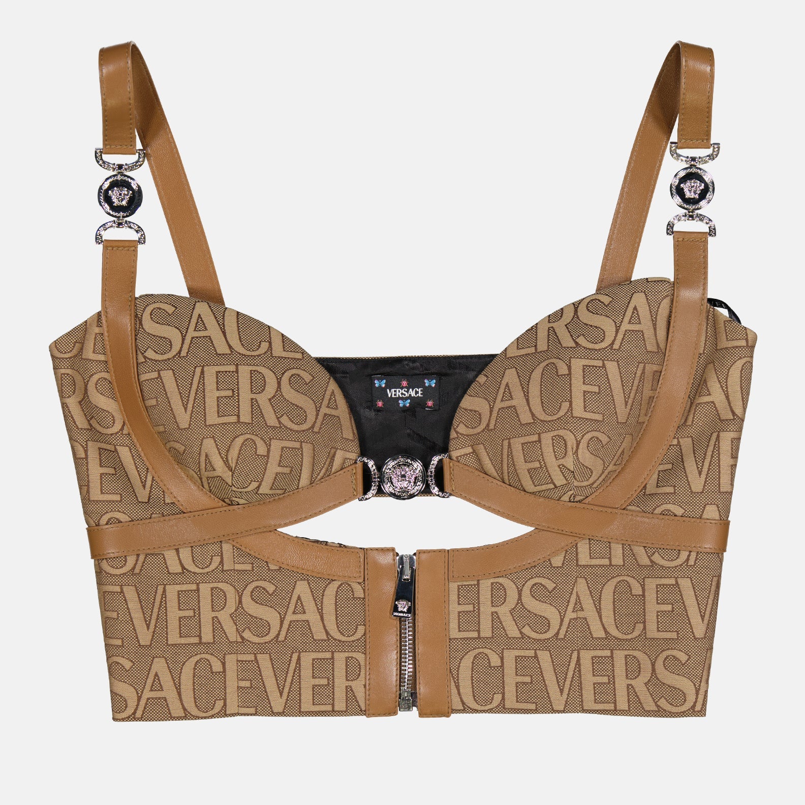 Versace bustier, brown bustier top, women's luxury fashion, allover print bustier, designer women's clothing