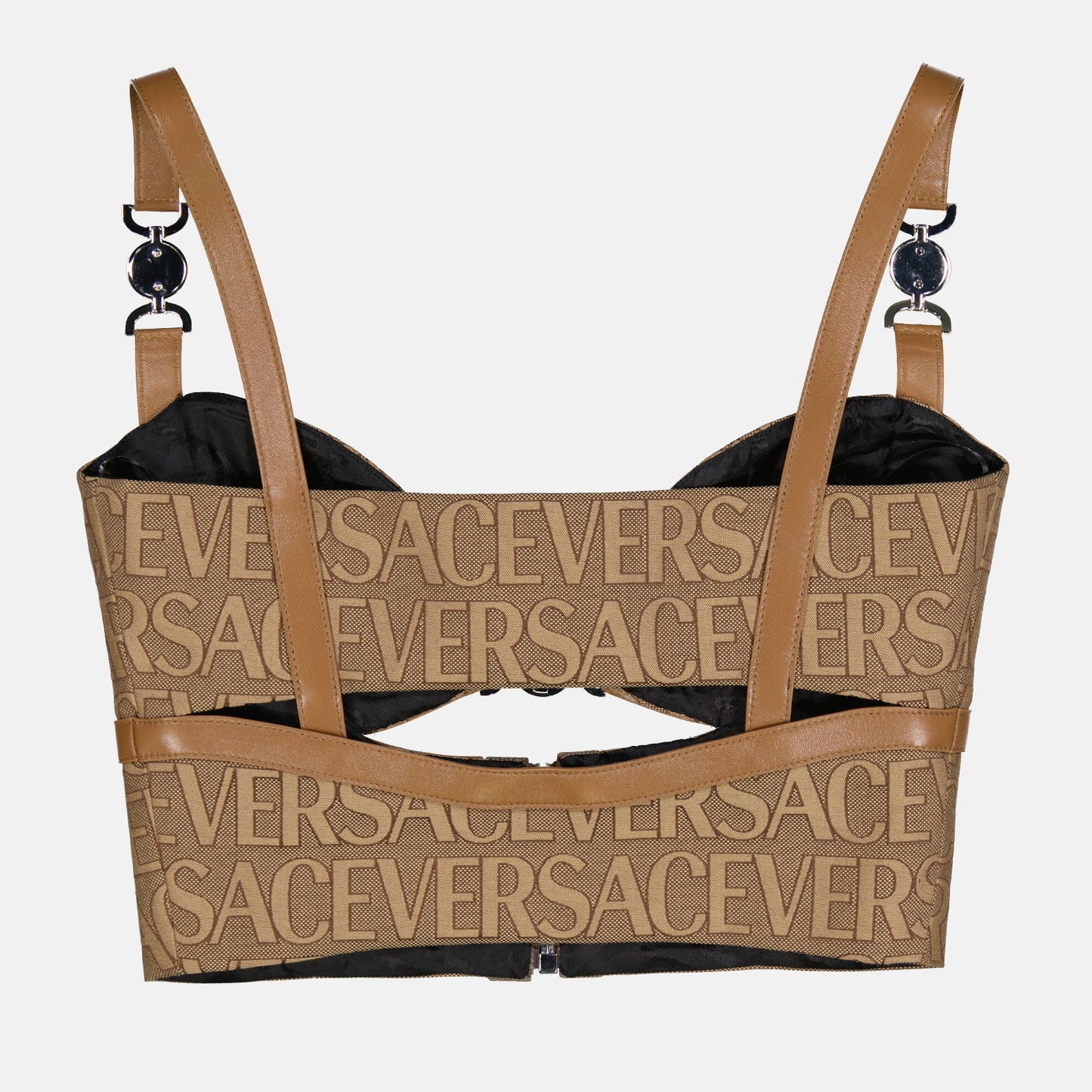 Versace bustier, brown bustier top, women's luxury fashion, allover print bustier, designer women's clothing