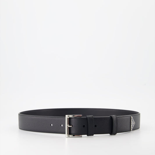 Saffiano leather belt, Prada belt, luxury accessories, triangle logo belt, high-end men's belts