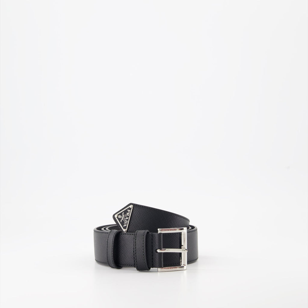 Saffiano leather belt, Prada belt, luxury accessories, triangle logo belt, high-end men's belts