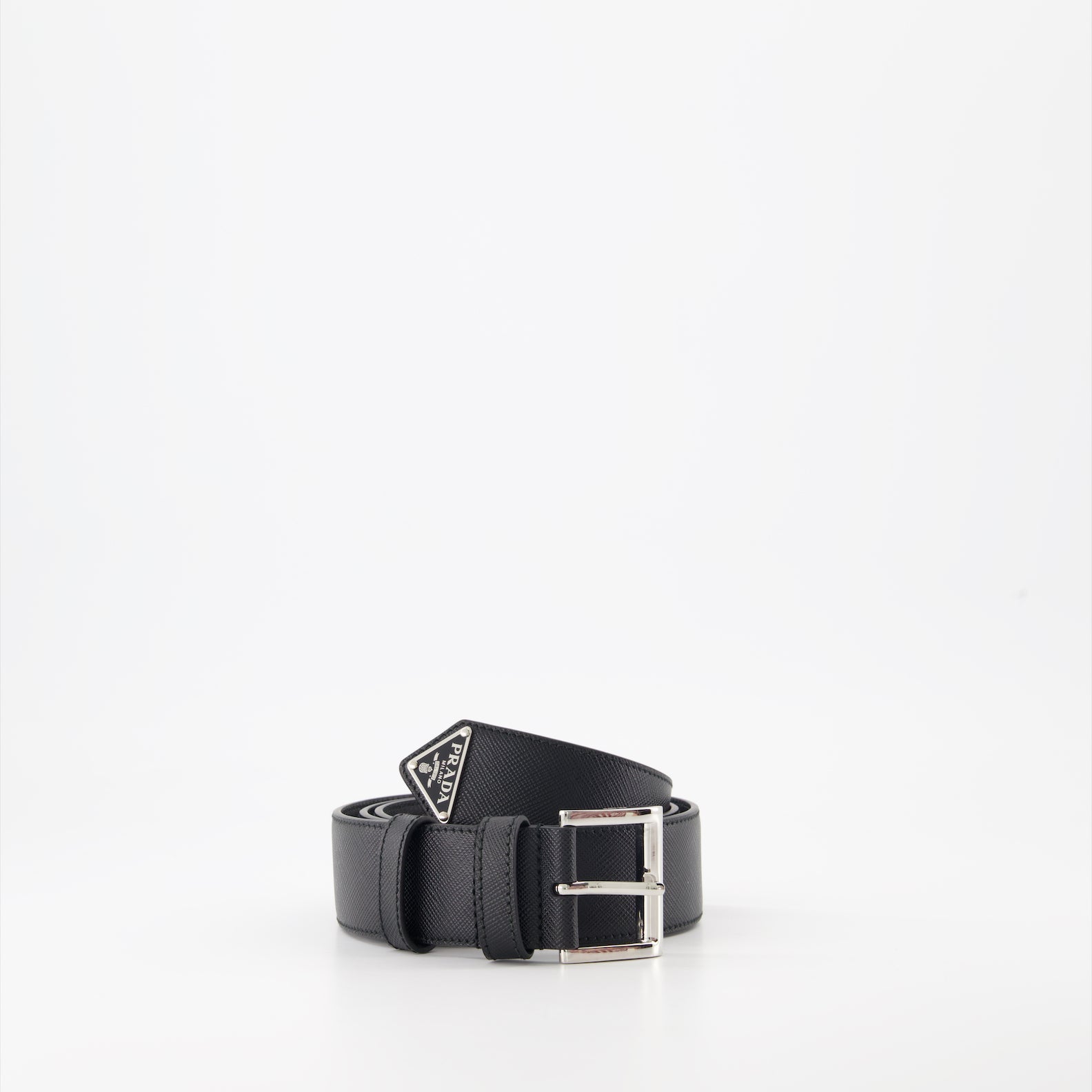 Saffiano leather belt, Prada belt, luxury accessories, triangle logo belt, high-end men's belts