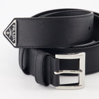 Saffiano leather belt, Prada belt, luxury accessories, triangle logo belt, high-end men's belts