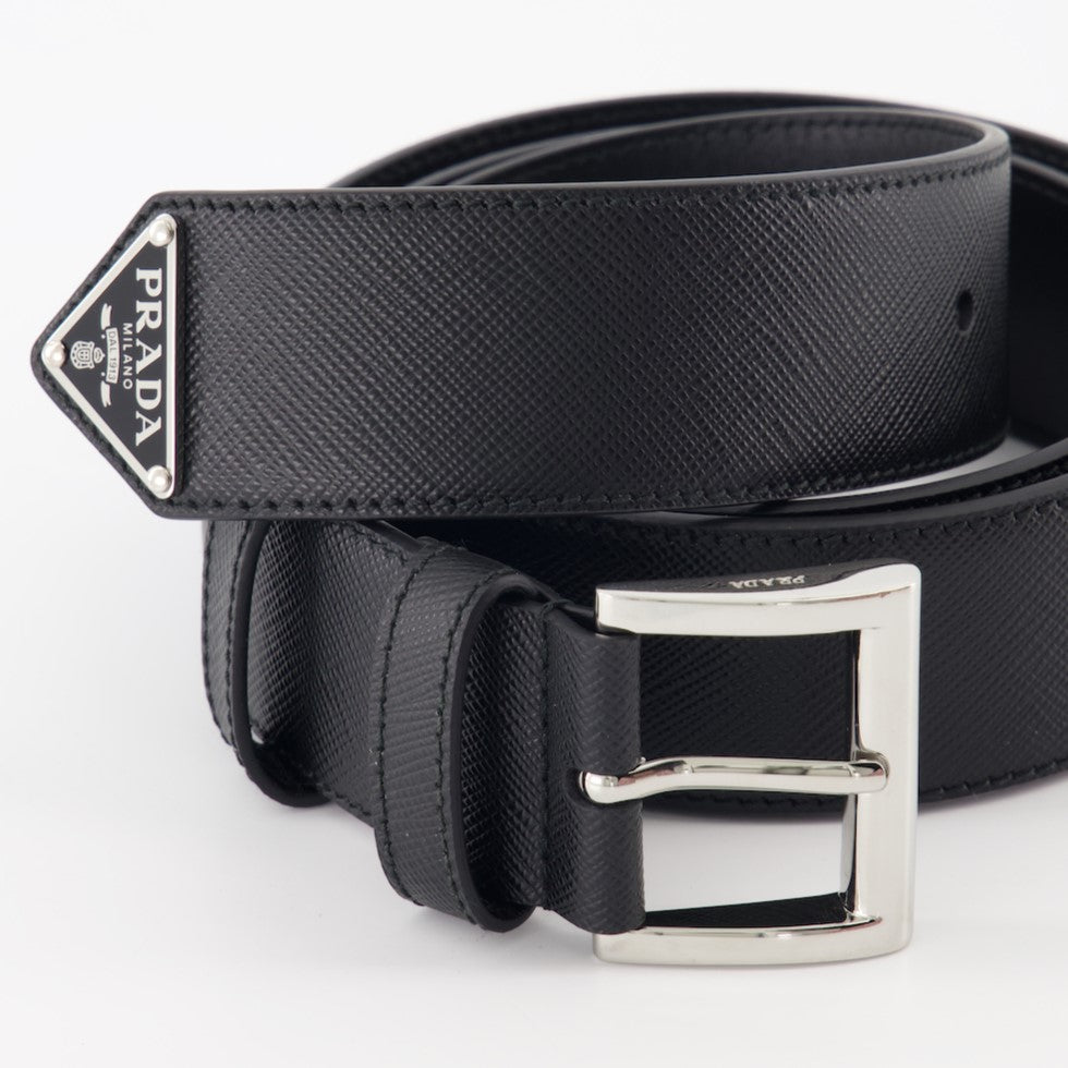 Saffiano leather belt, Prada belt, luxury accessories, triangle logo belt, high-end men's belts