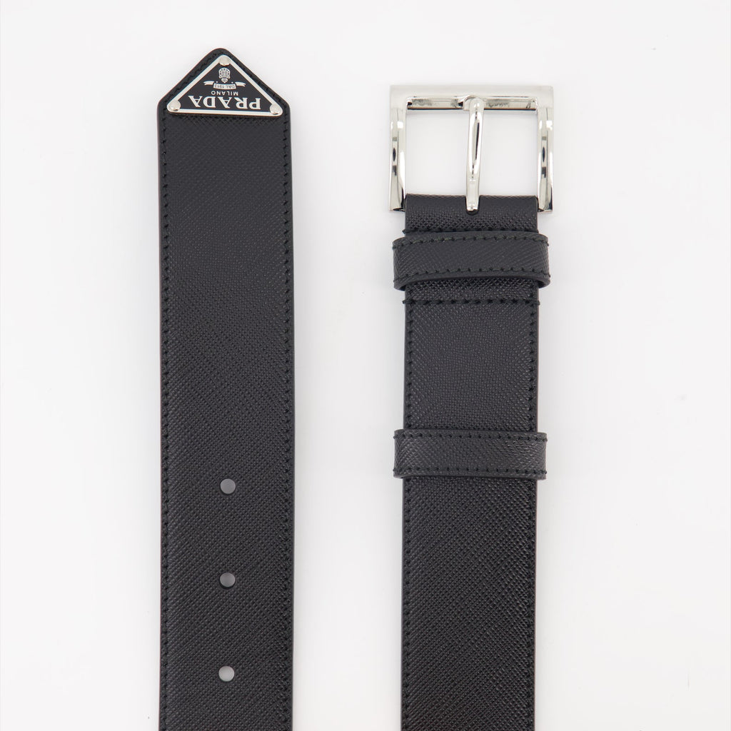 Saffiano leather belt, Prada belt, luxury accessories, triangle logo belt, high-end men's belts