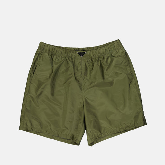 Prada swim shorts, green swim shorts, luxury beachwear, designer swimwear, men's fashion