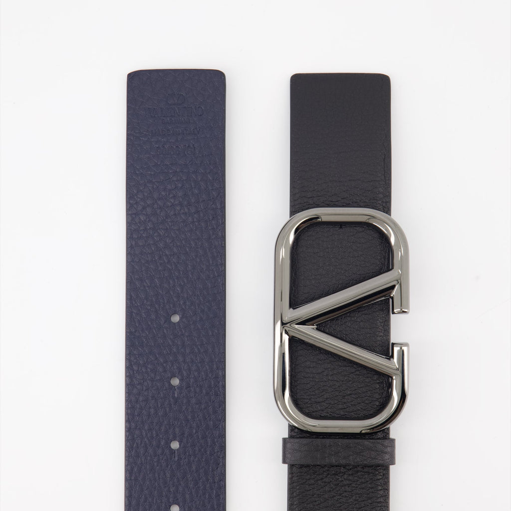 reversible belt, VLogo buckle, Valentino Garavani, luxury accessory, blue-black belt