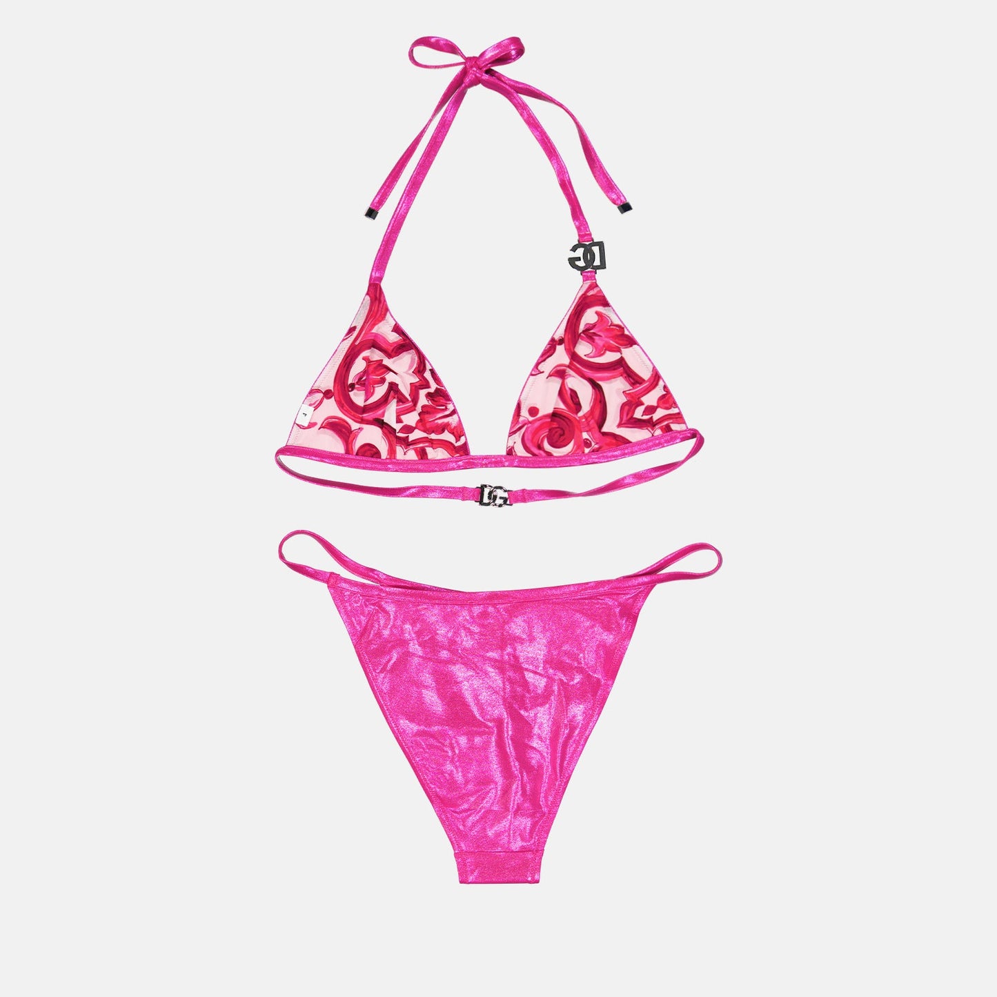 Dolce & Gabbana bikini, metallic pink swimwear, luxury bikini set, elegant swimwear, designer beachwear