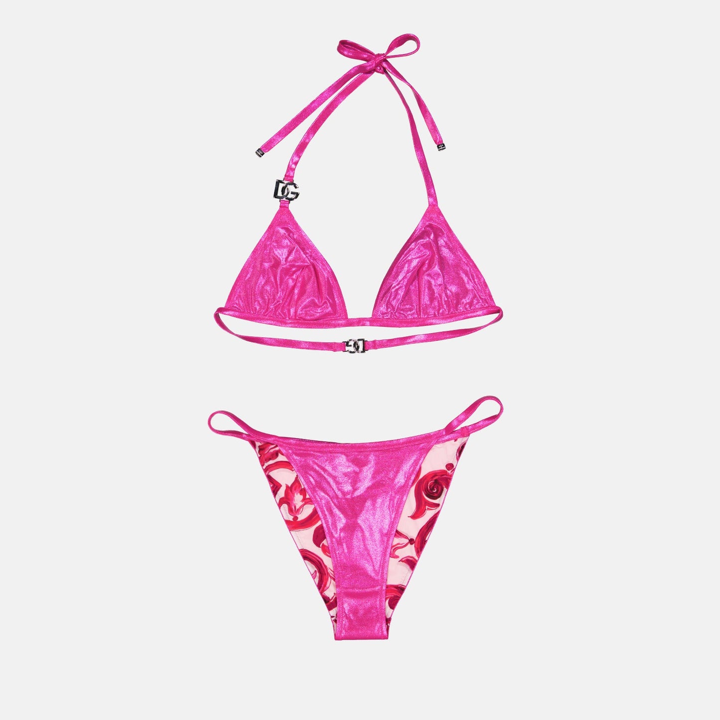 Dolce & Gabbana bikini, metallic pink swimwear, luxury bikini set, elegant swimwear, designer beachwear