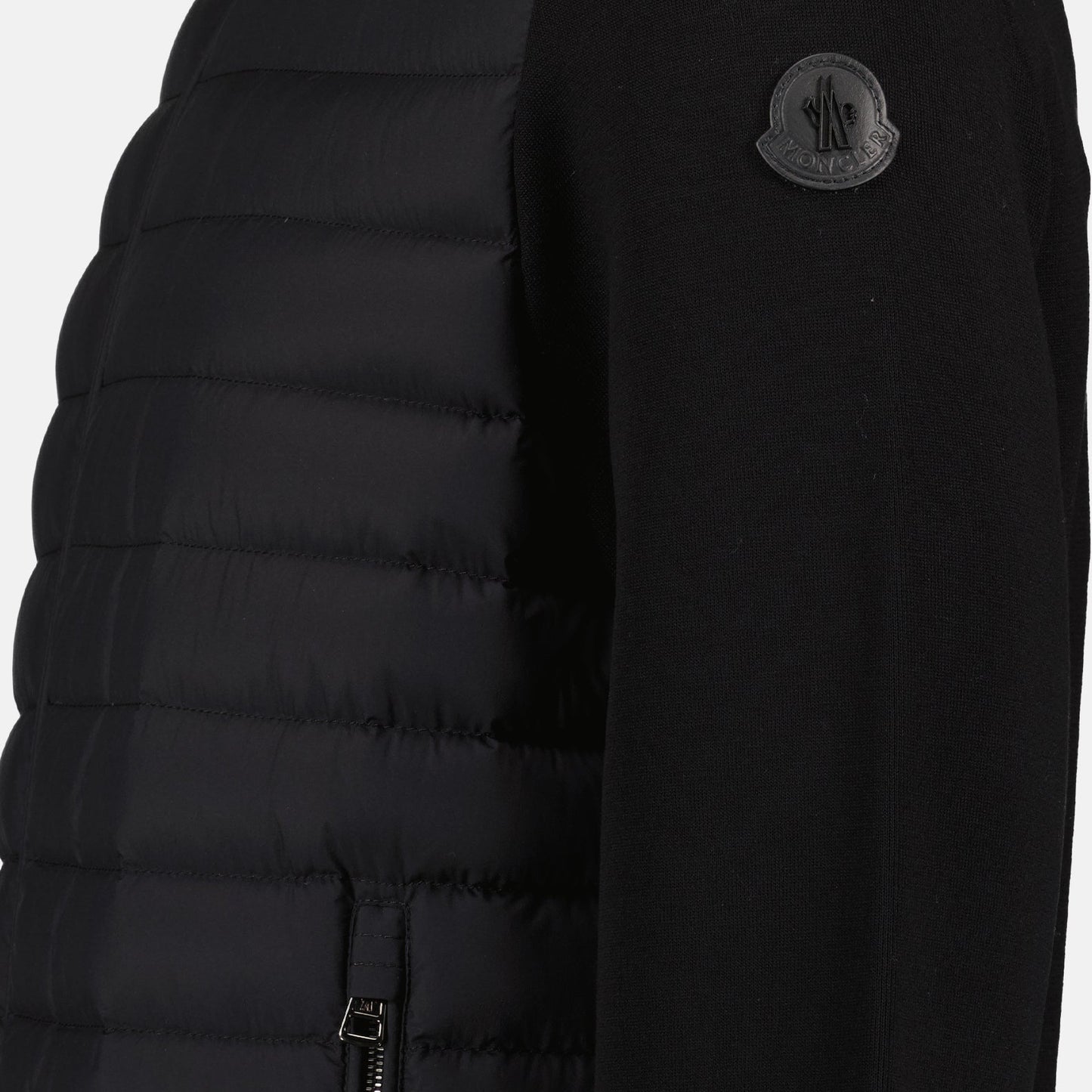 Moncler jacket, quilted jacket, luxury outerwear, black jacket, mixed-material jacket