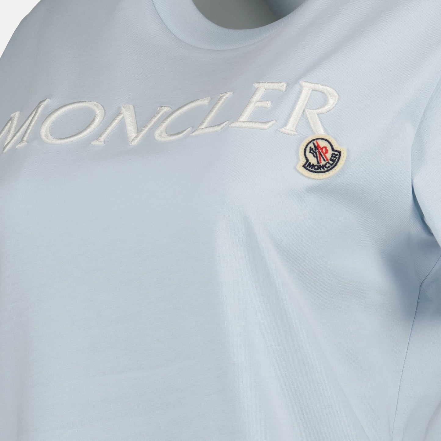 Moncler, blue T-shirt, logo print, luxury casual wear, high-quality T-shirt