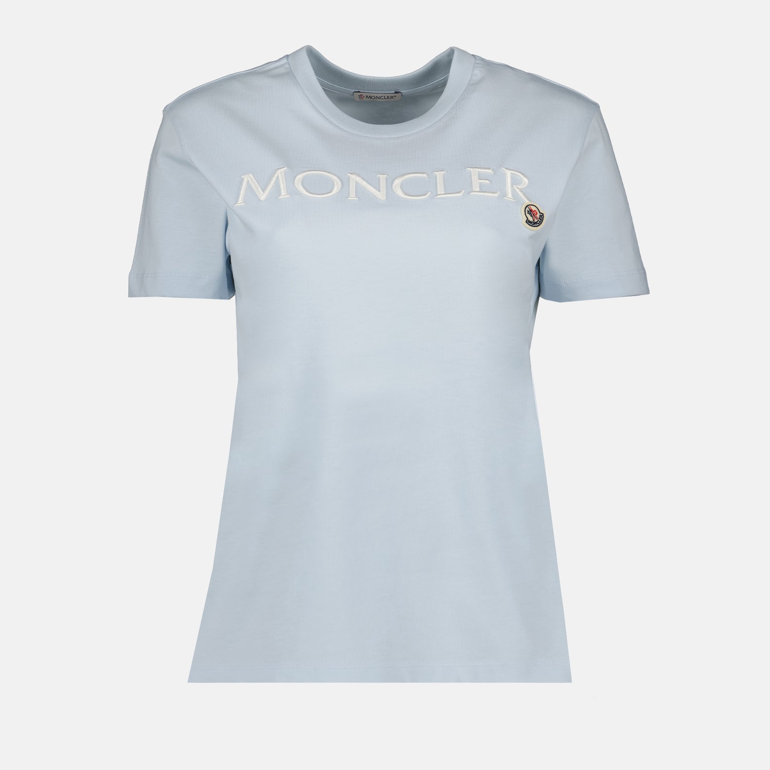 Moncler, blue T-shirt, logo print, luxury casual wear, high-quality T-shirt