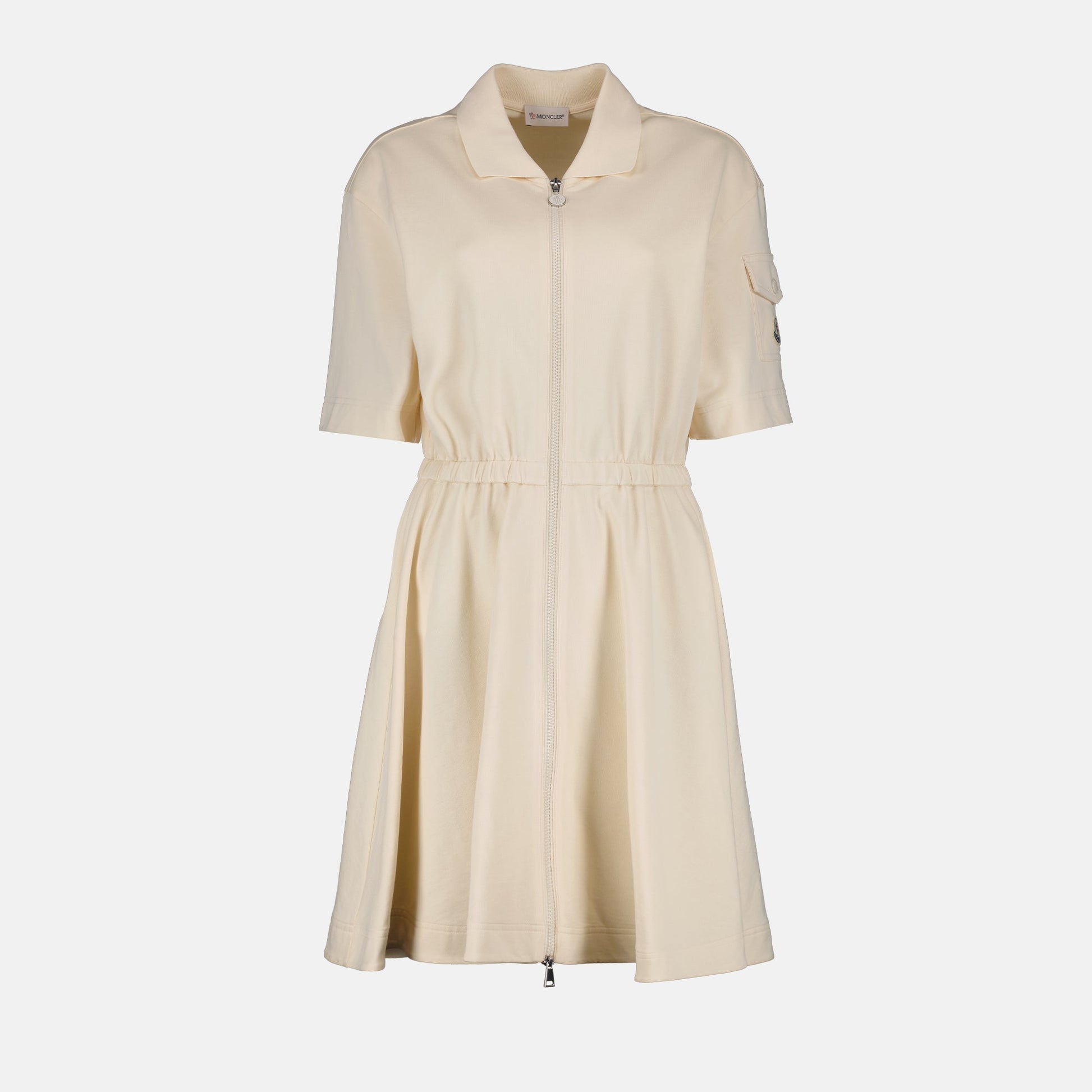 luxury dress, Moncler, flared dress, beige cotton dress, elegant fashion