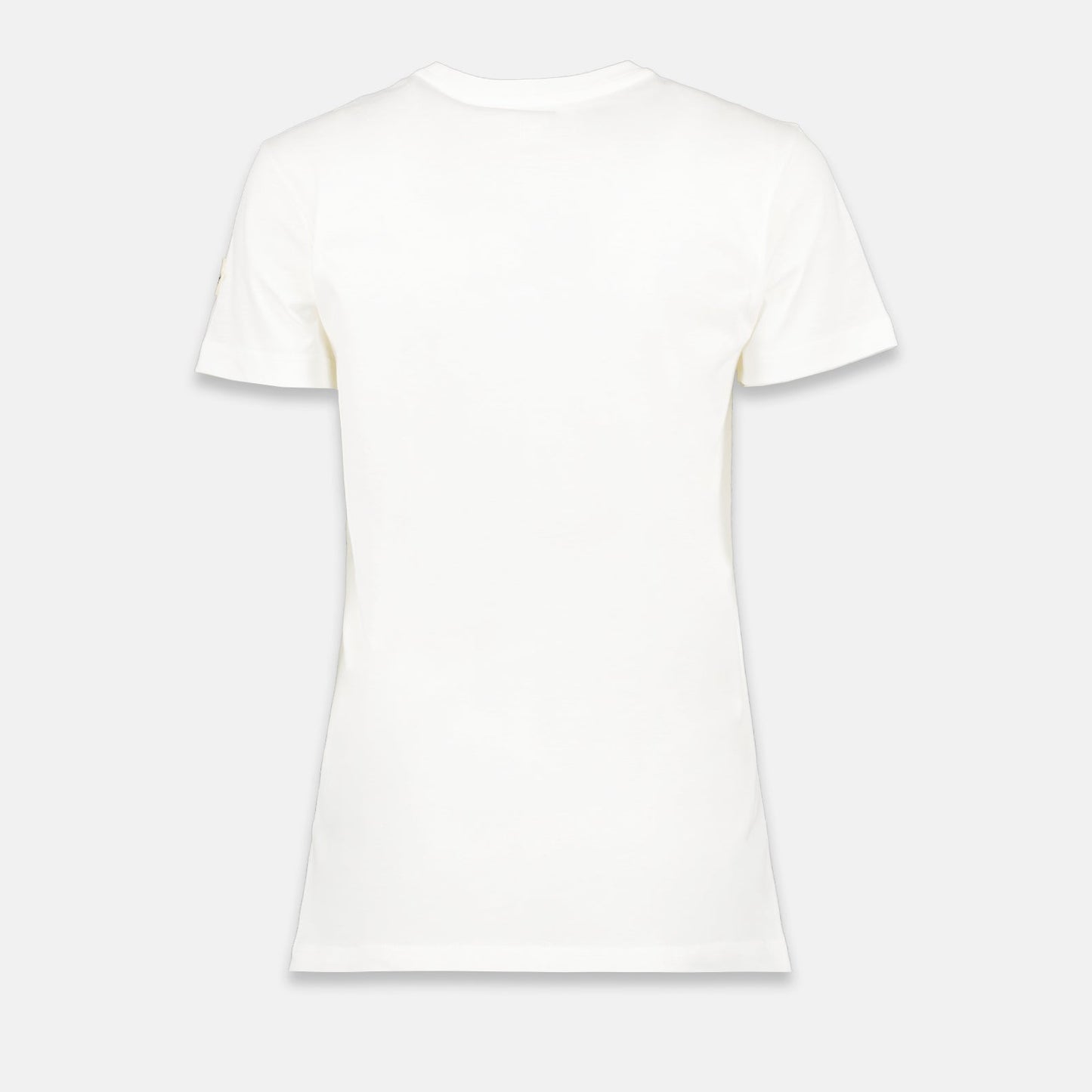 White T-shirt, Moncler logo, luxury casual wear, high-end fashion, designer T-shirt.