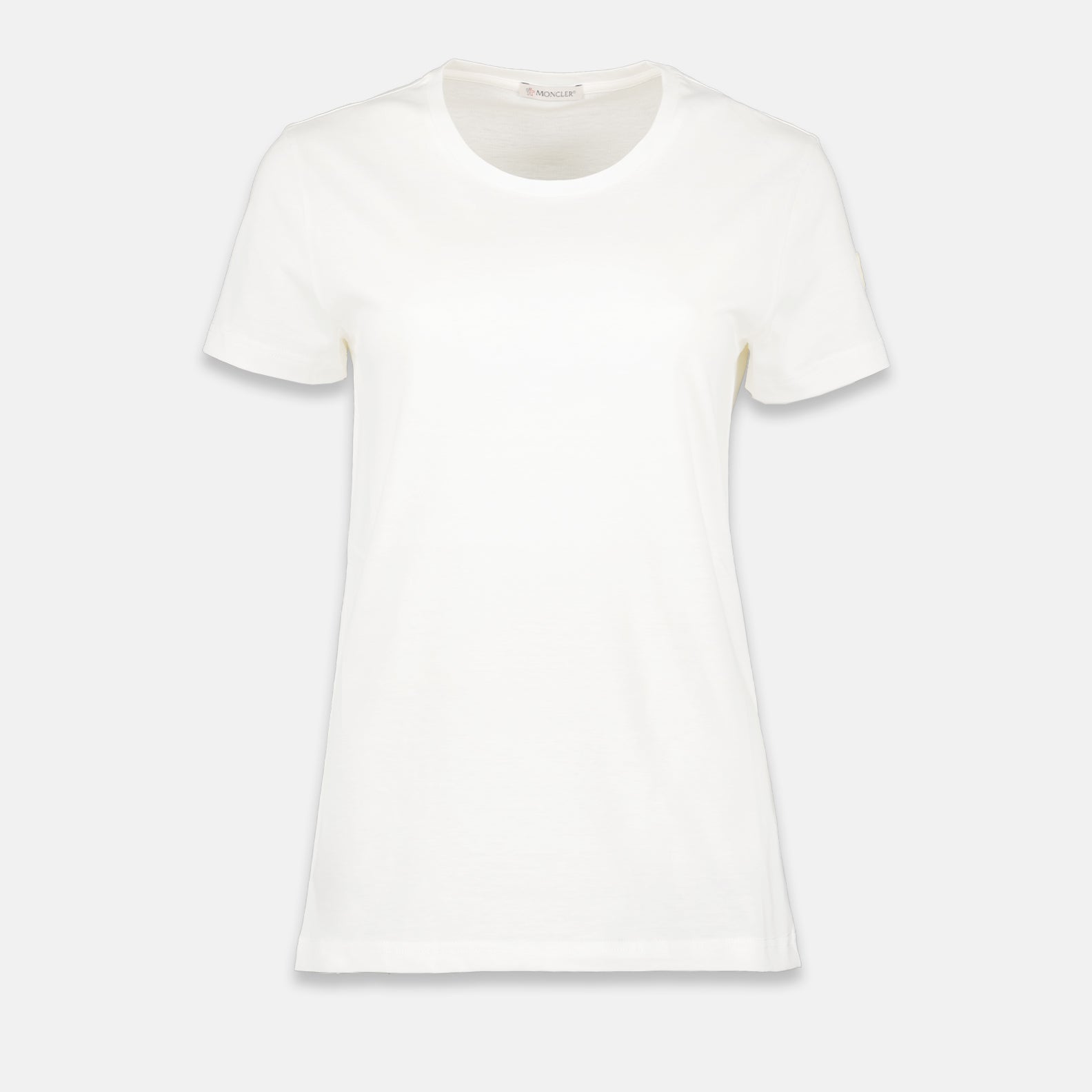 White T-shirt, Moncler logo, luxury casual wear, high-end fashion, designer T-shirt.