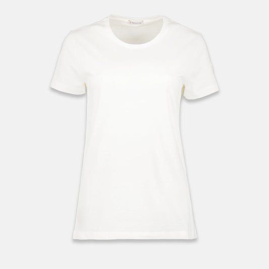 White T-shirt, Moncler logo, luxury casual wear, high-end fashion, designer T-shirt.